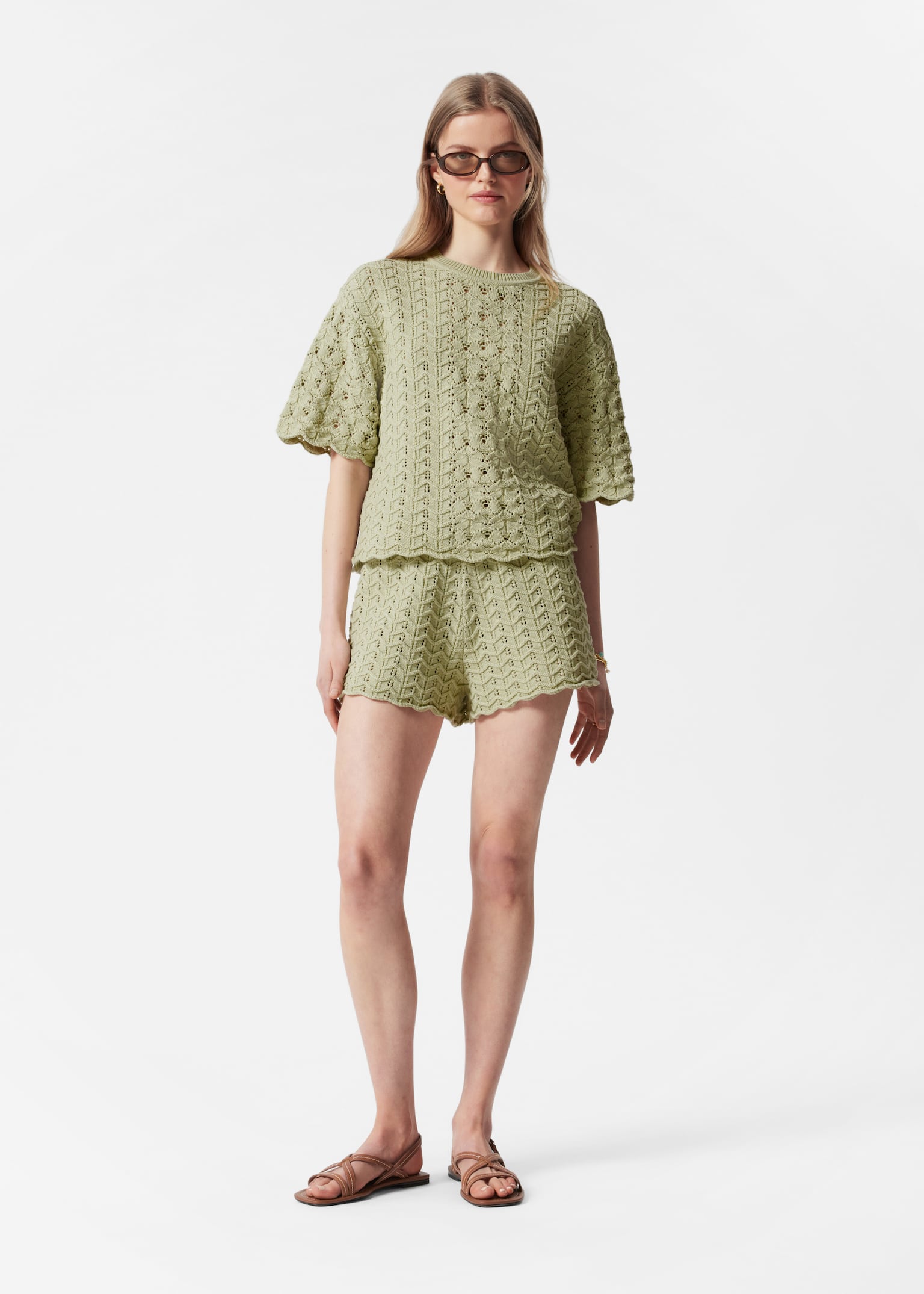 Shorts aus Pointelle-Strick - Hellgrün