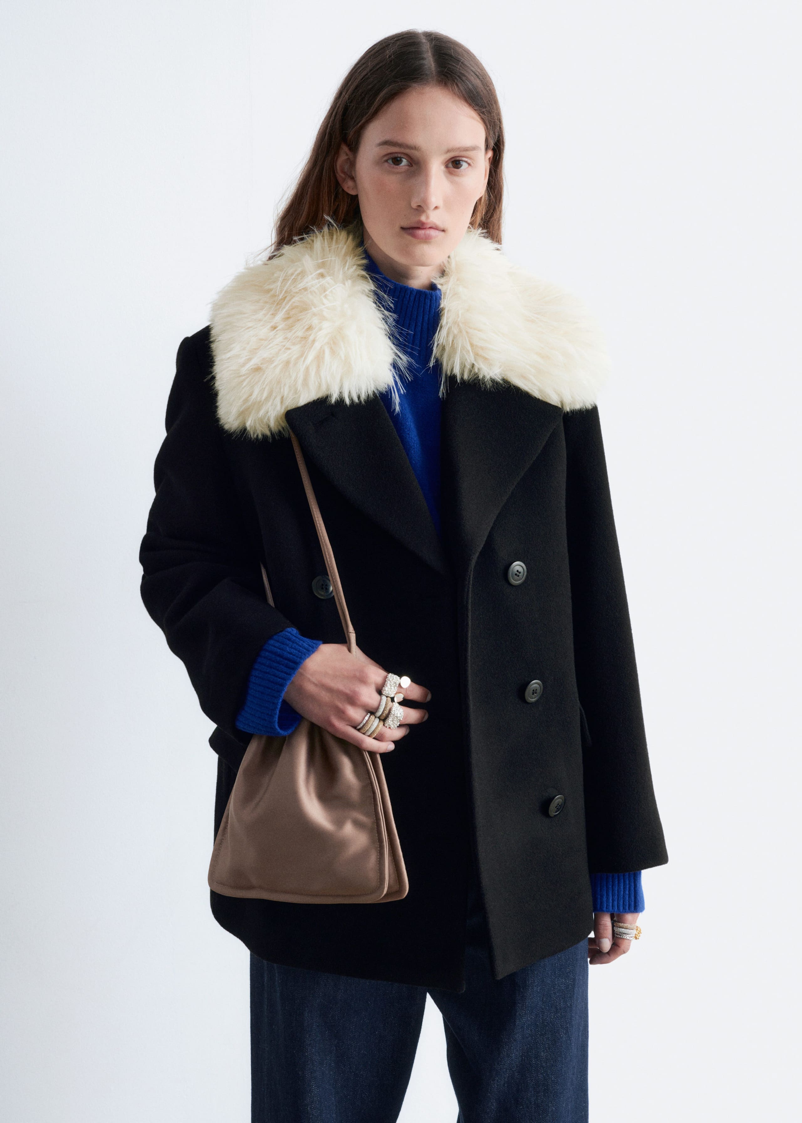 Image of Short Fur-Collar Wool Coat
