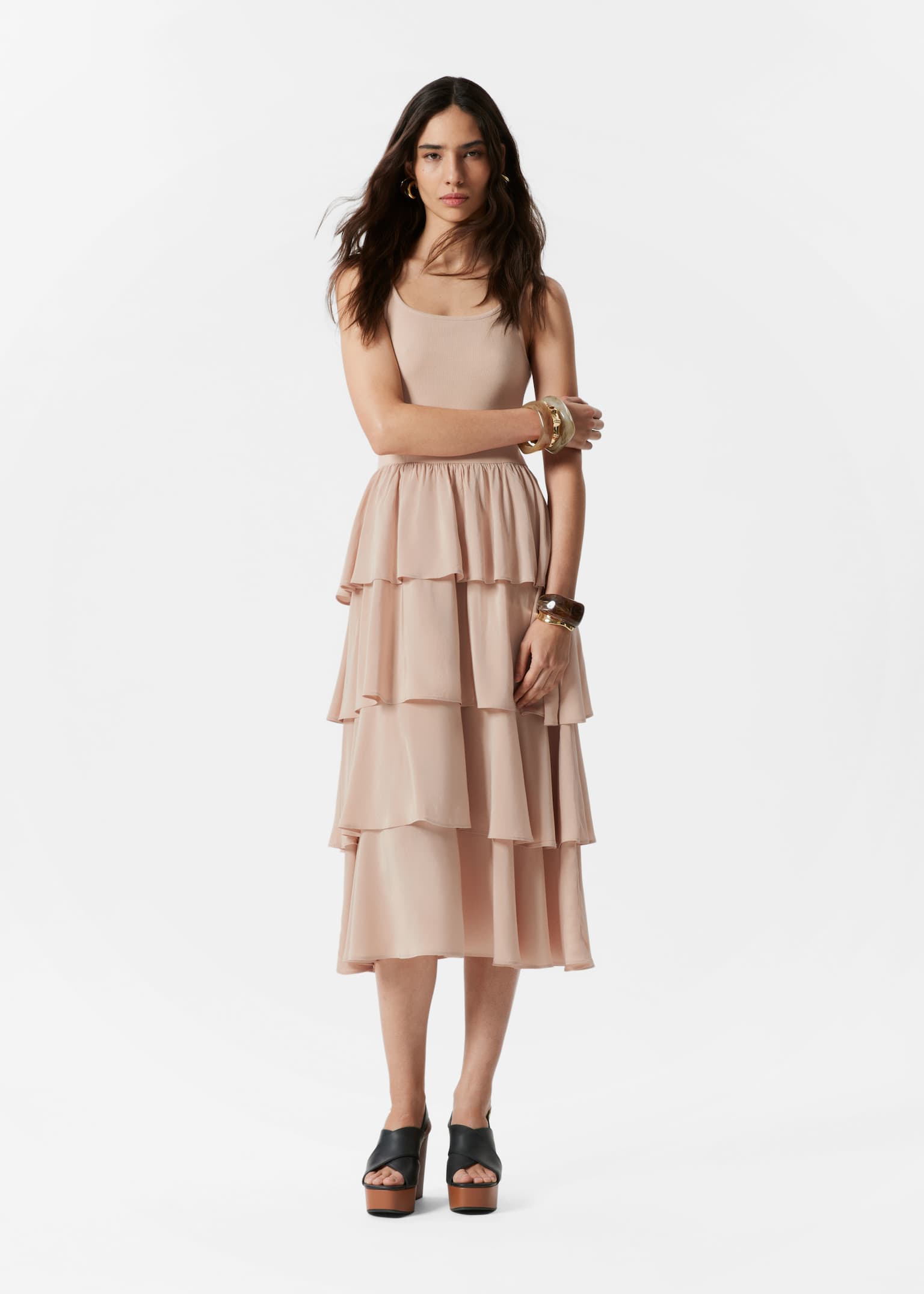 Robe midi à volants - Beige/Noir