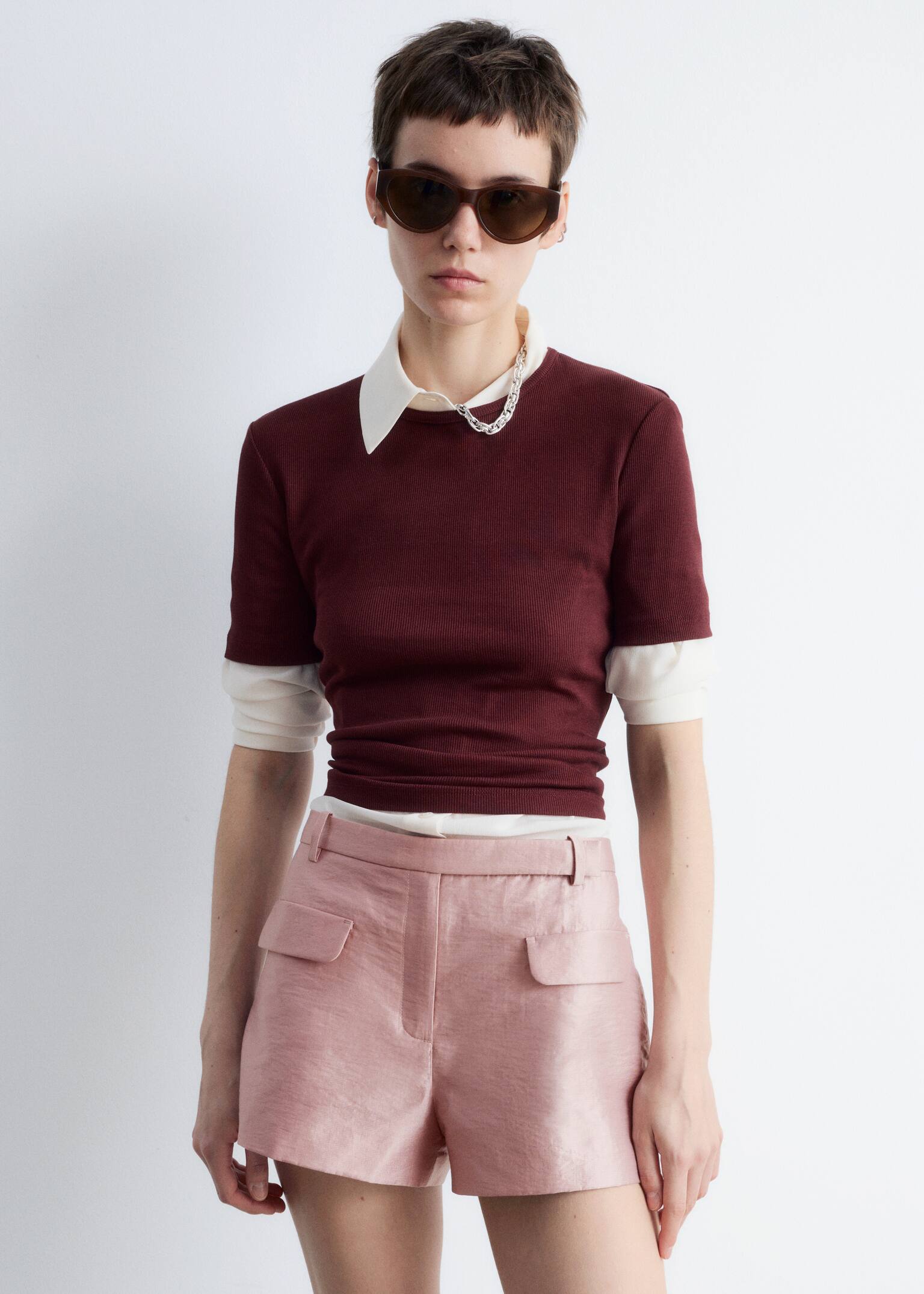 Pantaloni scurți mini din satin - Roz prăfuit