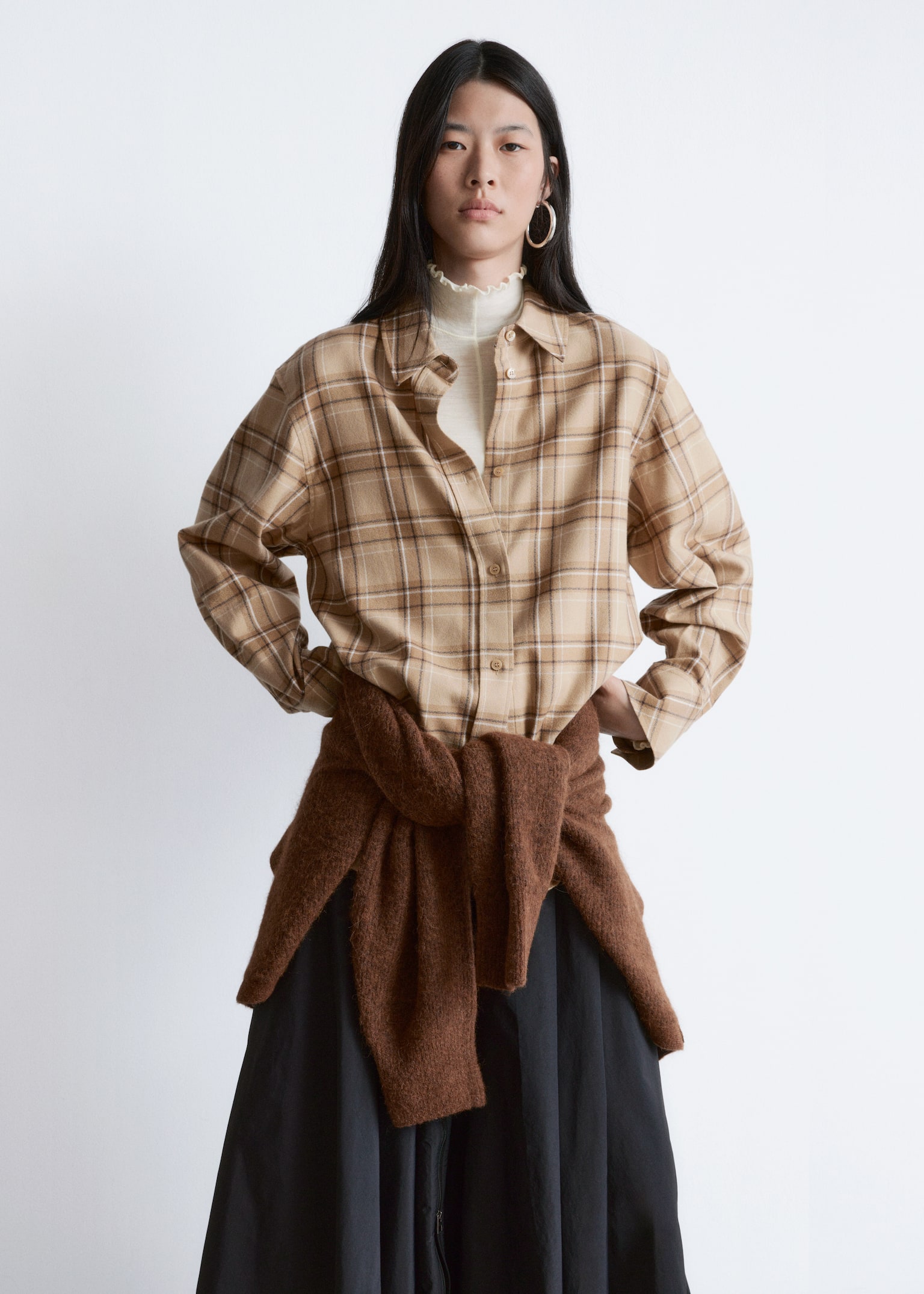 Oversized košeľa - Béžová kockovaná - 3