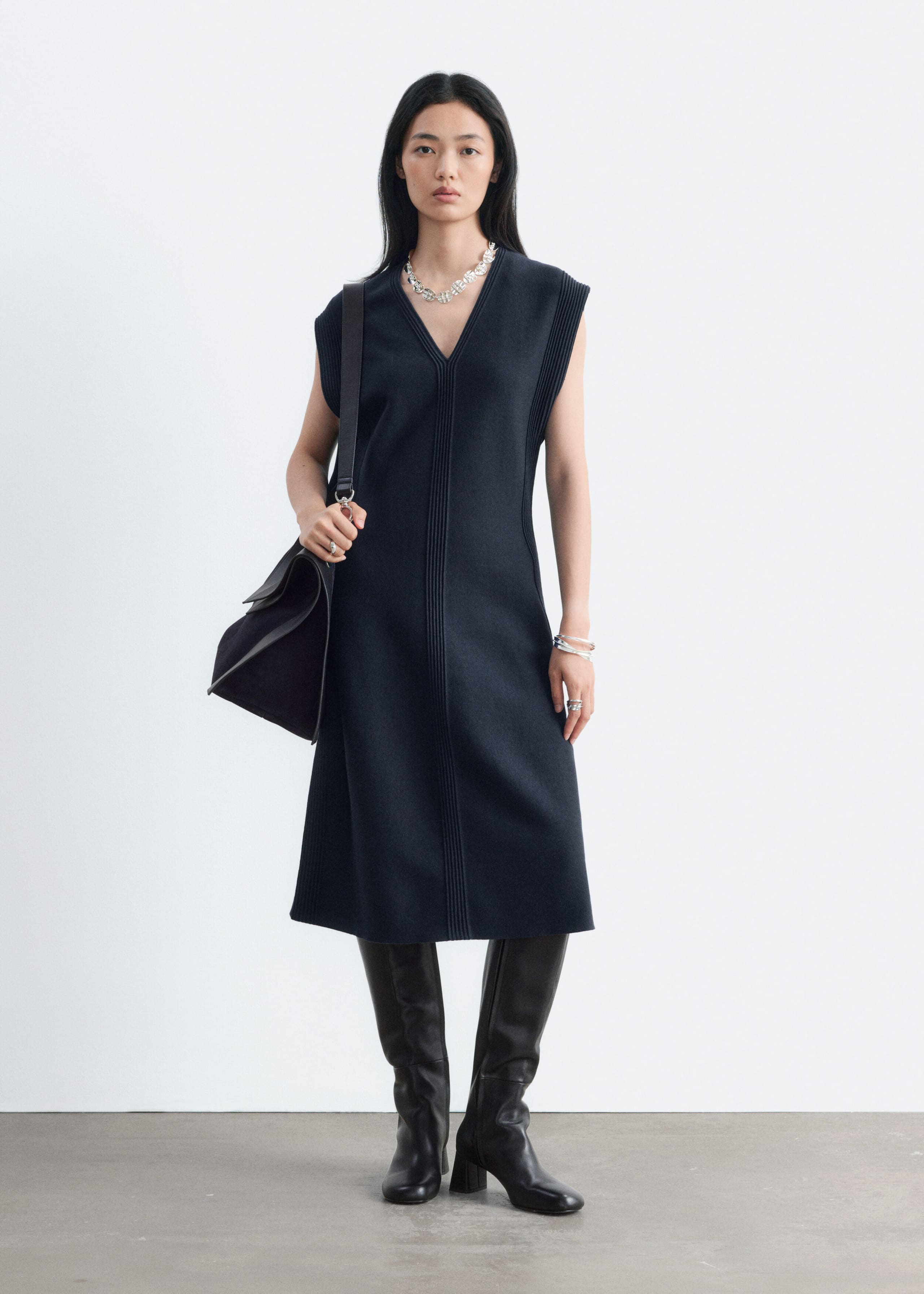 Cotton-Wool Midi Dress - Dark Blue - Lookbook