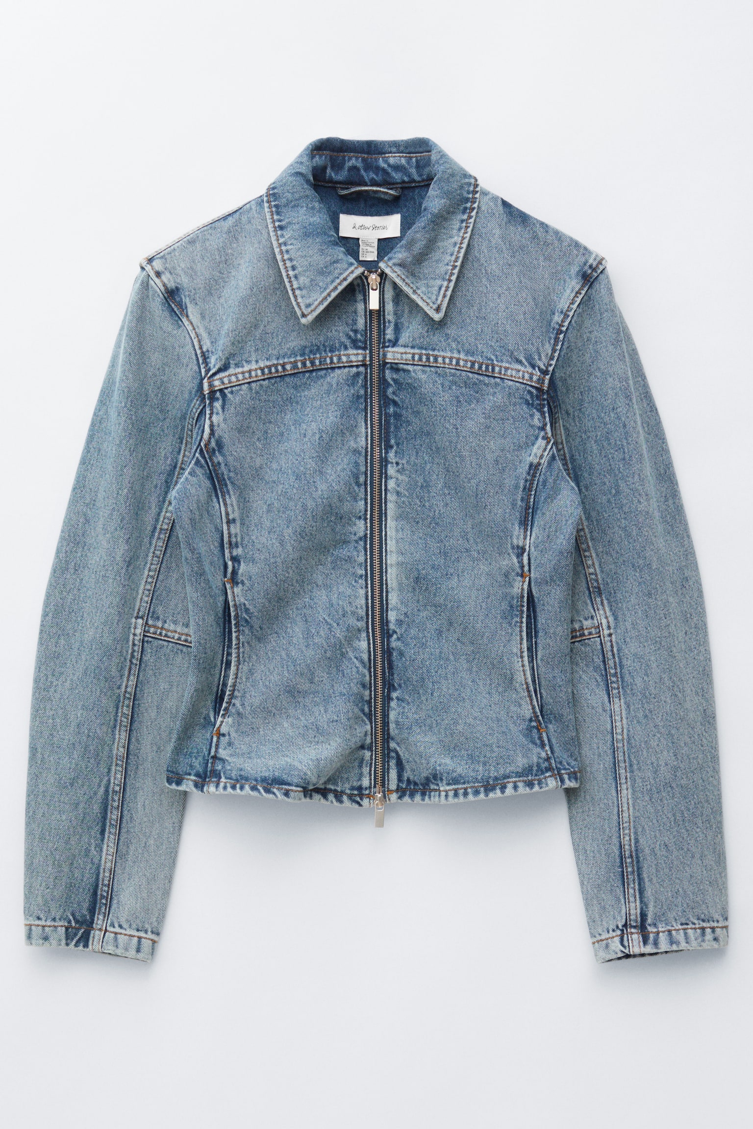 Figursyet denimjakke med lynlås - Forvasket blå/Beige - 2