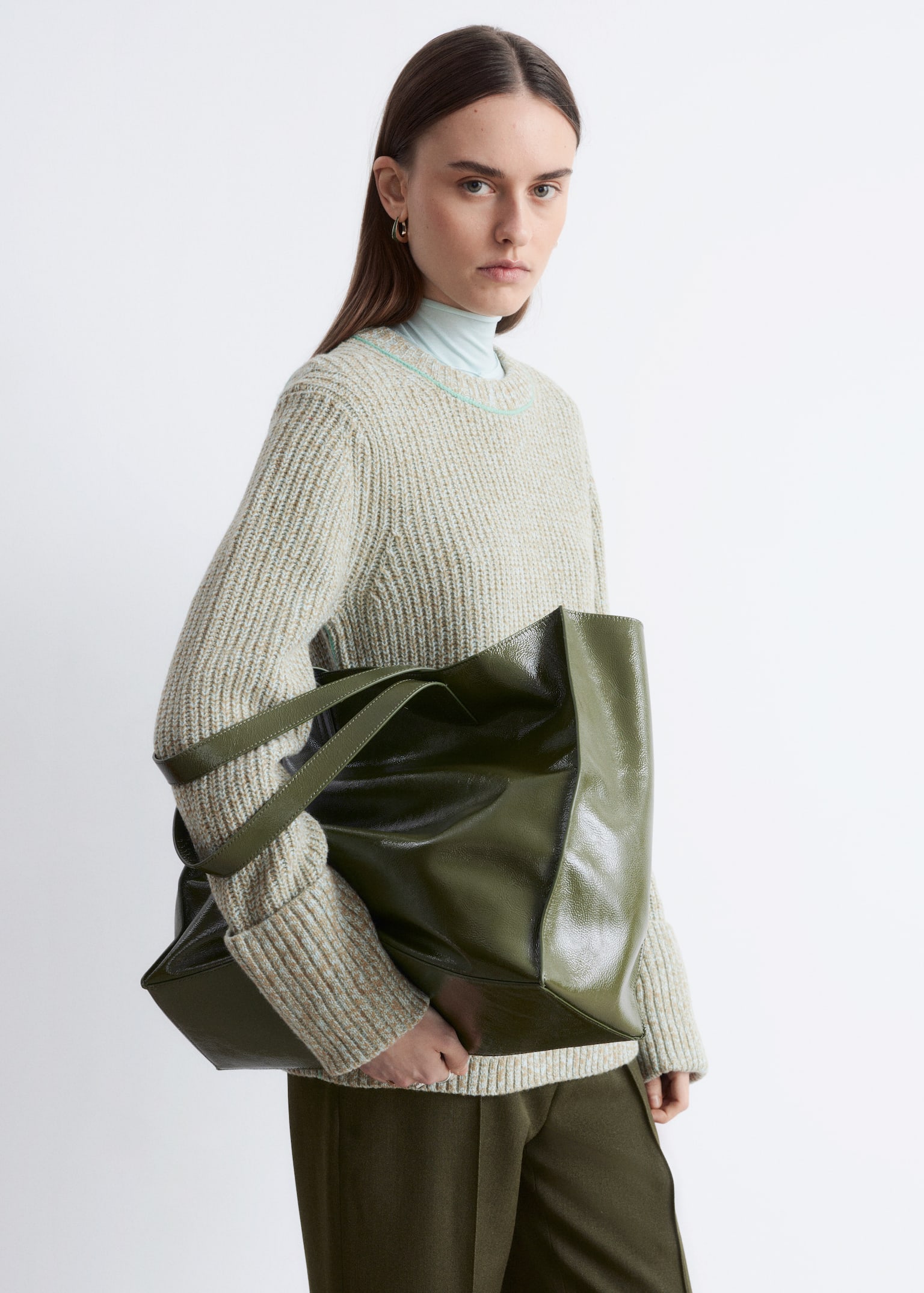 Leather Tote Bag - Khaki Green/Patent Dark Brown - 1