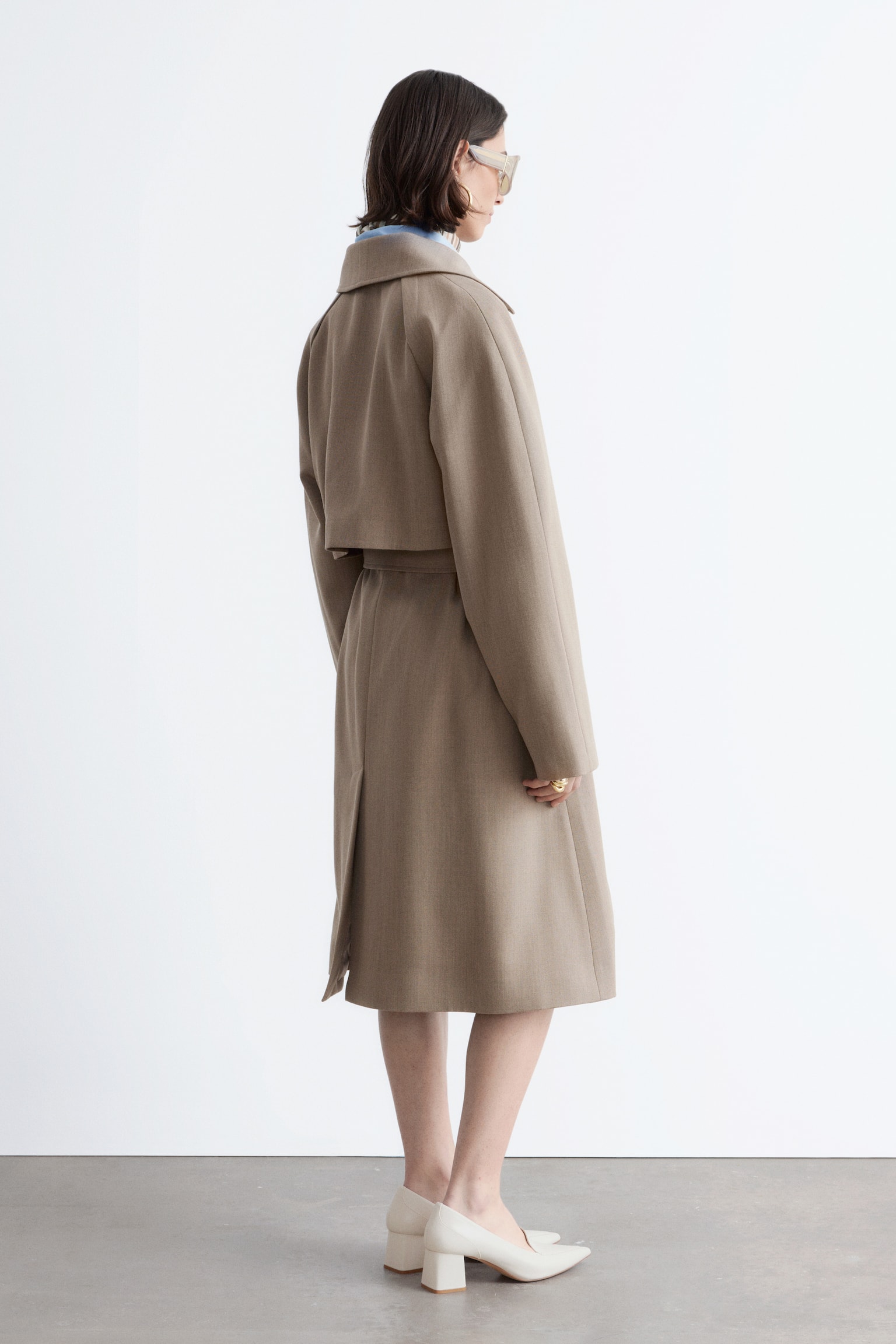 Trenchcoat van wol met strikceintuur - Taupe/Zwart - 3