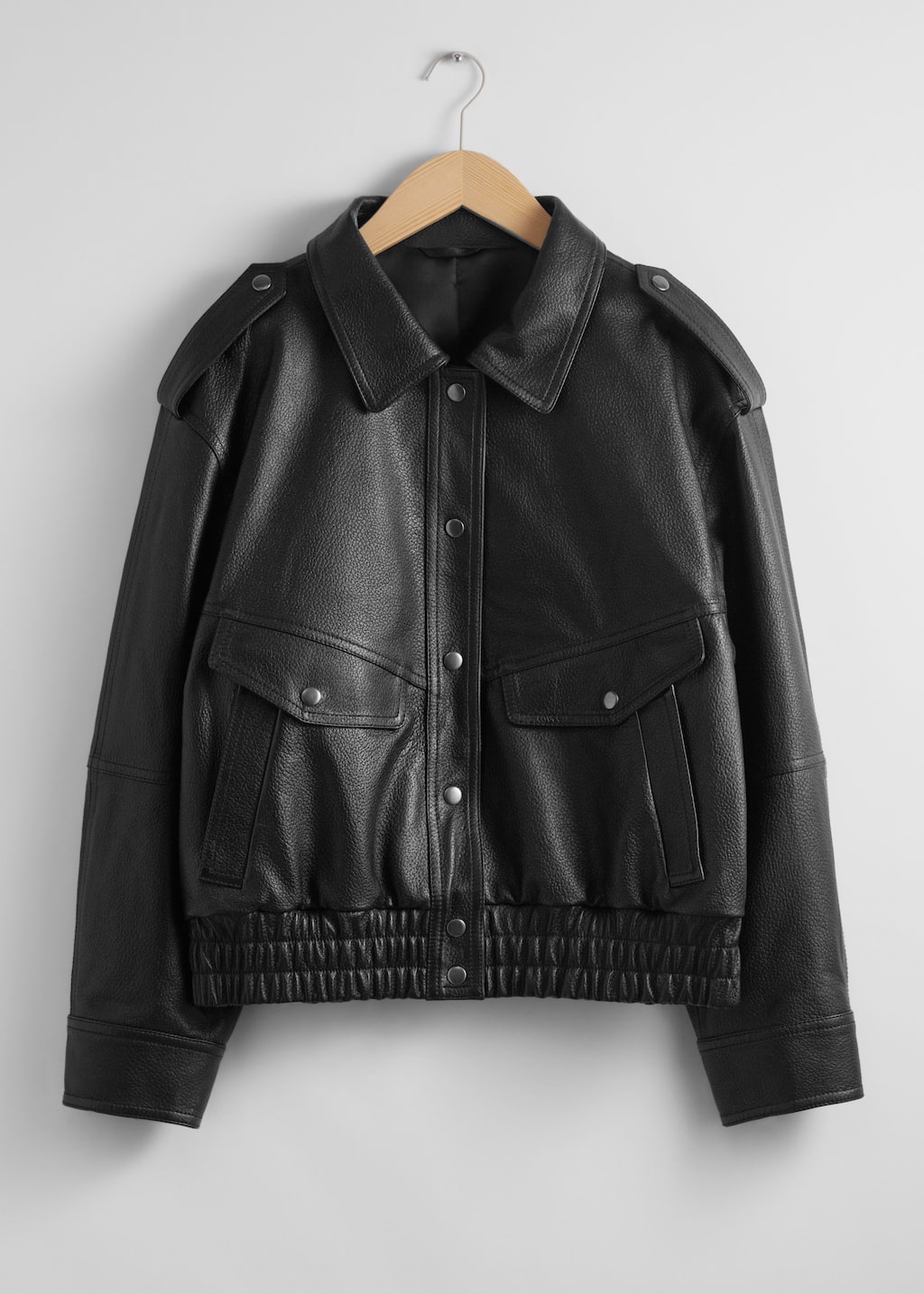 Boxy Buttoned Leather Jacket - Black - Still Life