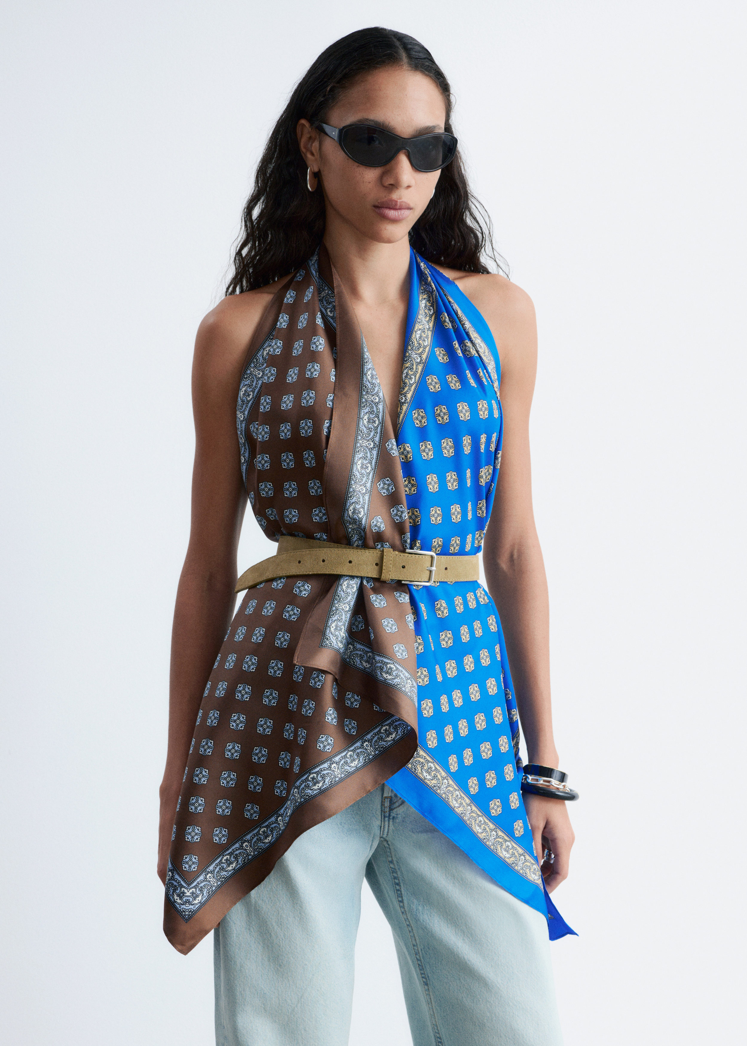 Silk Scarf Halter Top - Brown/Blue abstract print - & Other Stories US