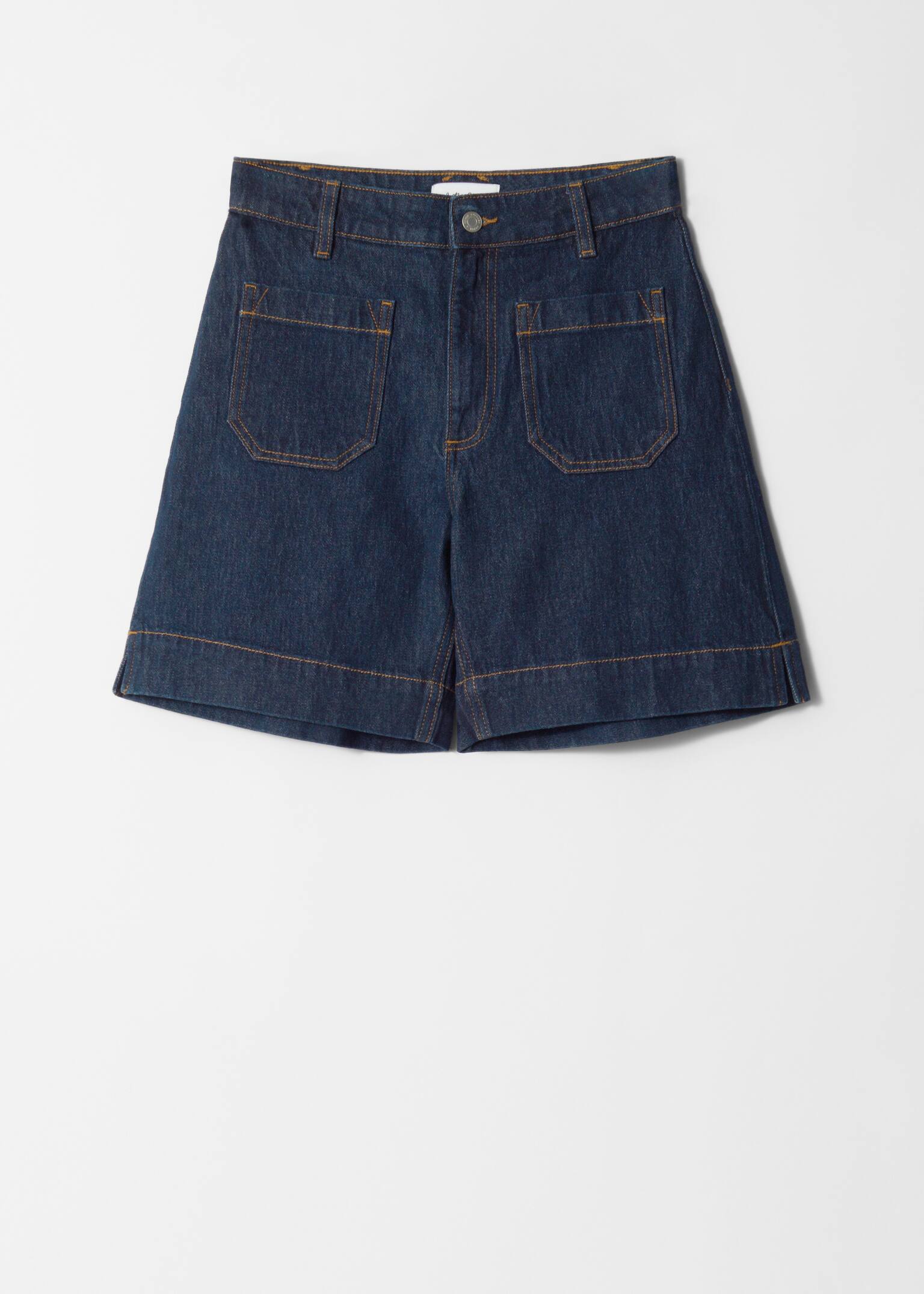 Pantaloni scurți din denim cu talie înaltă - Albastru închis - 2