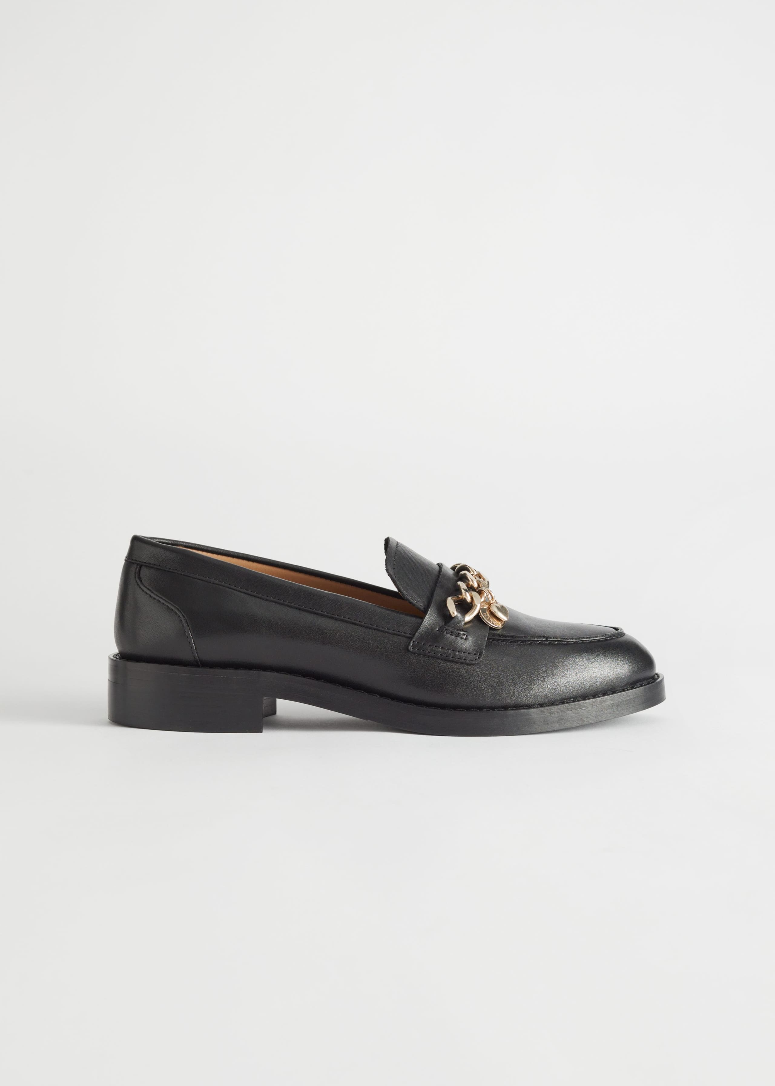 Chain Embellished Leather Loafers - Black - Still Life