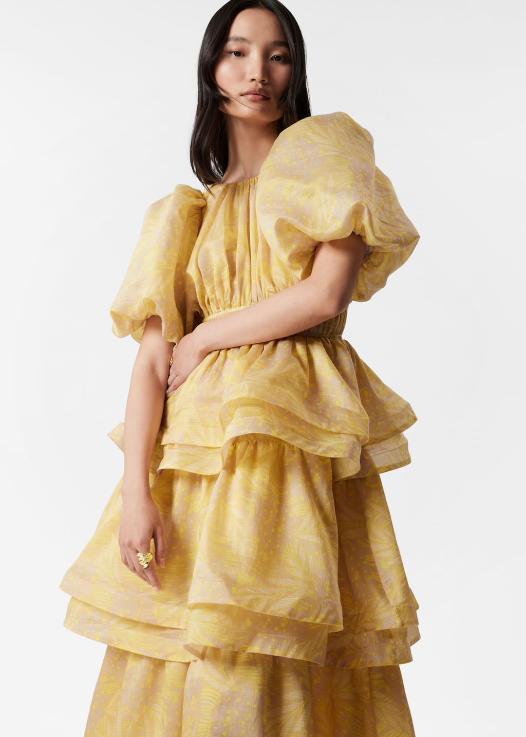 Tiered Puff-Sleeve Maxi Dress - Yellow jacquard - Lookbook