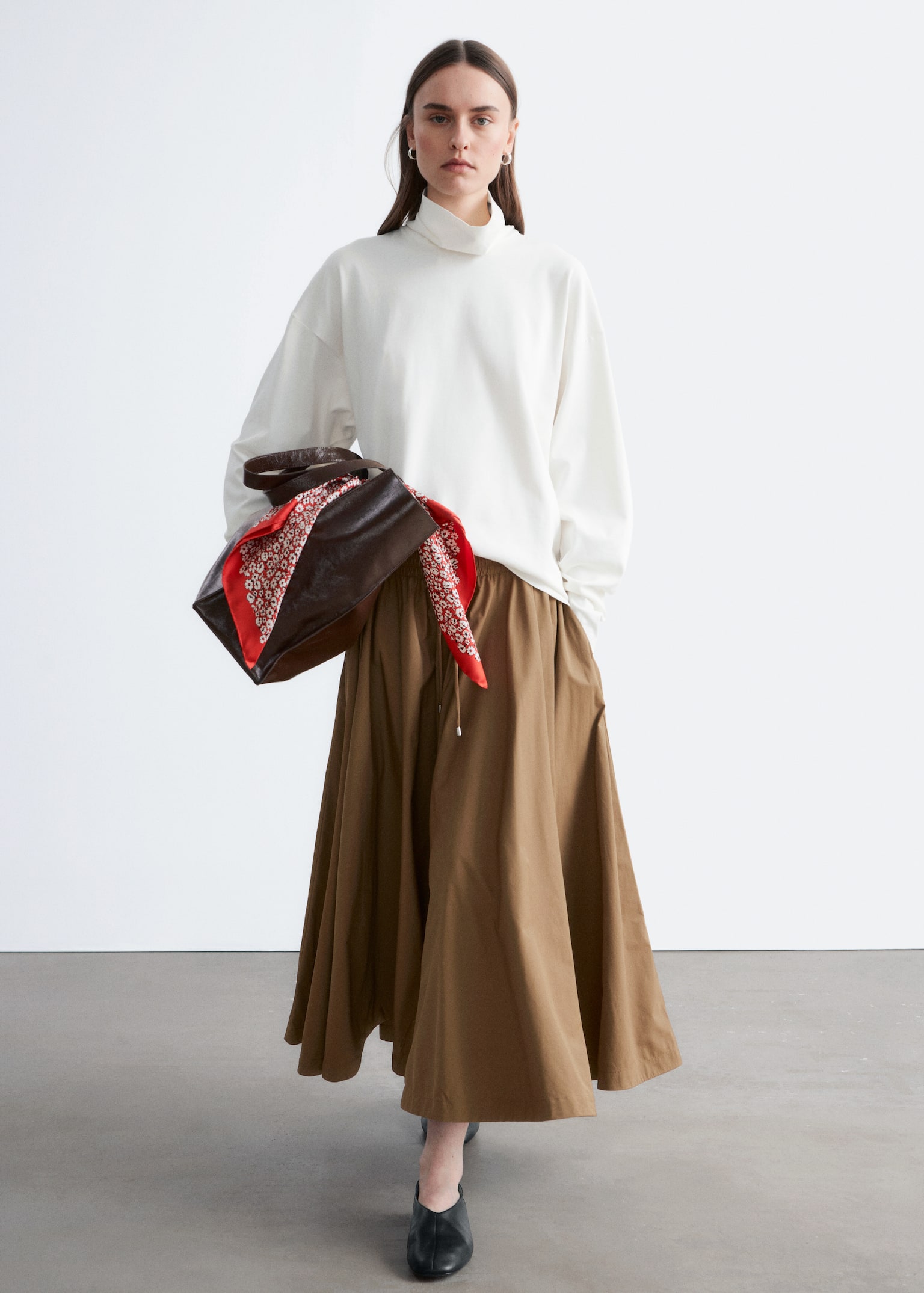 Voluminous Drawstring Midi Skirt - Brown - 5