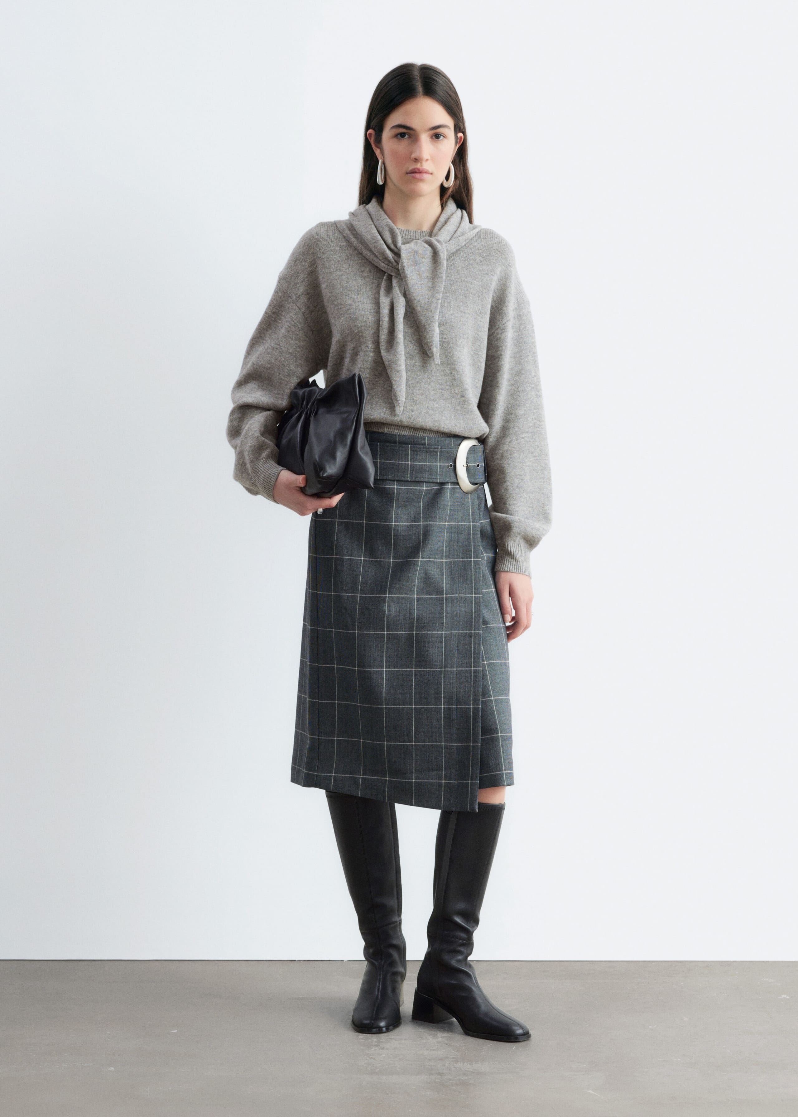 Merino Wool Scarf Neck Jumper - Grey - Lookbook