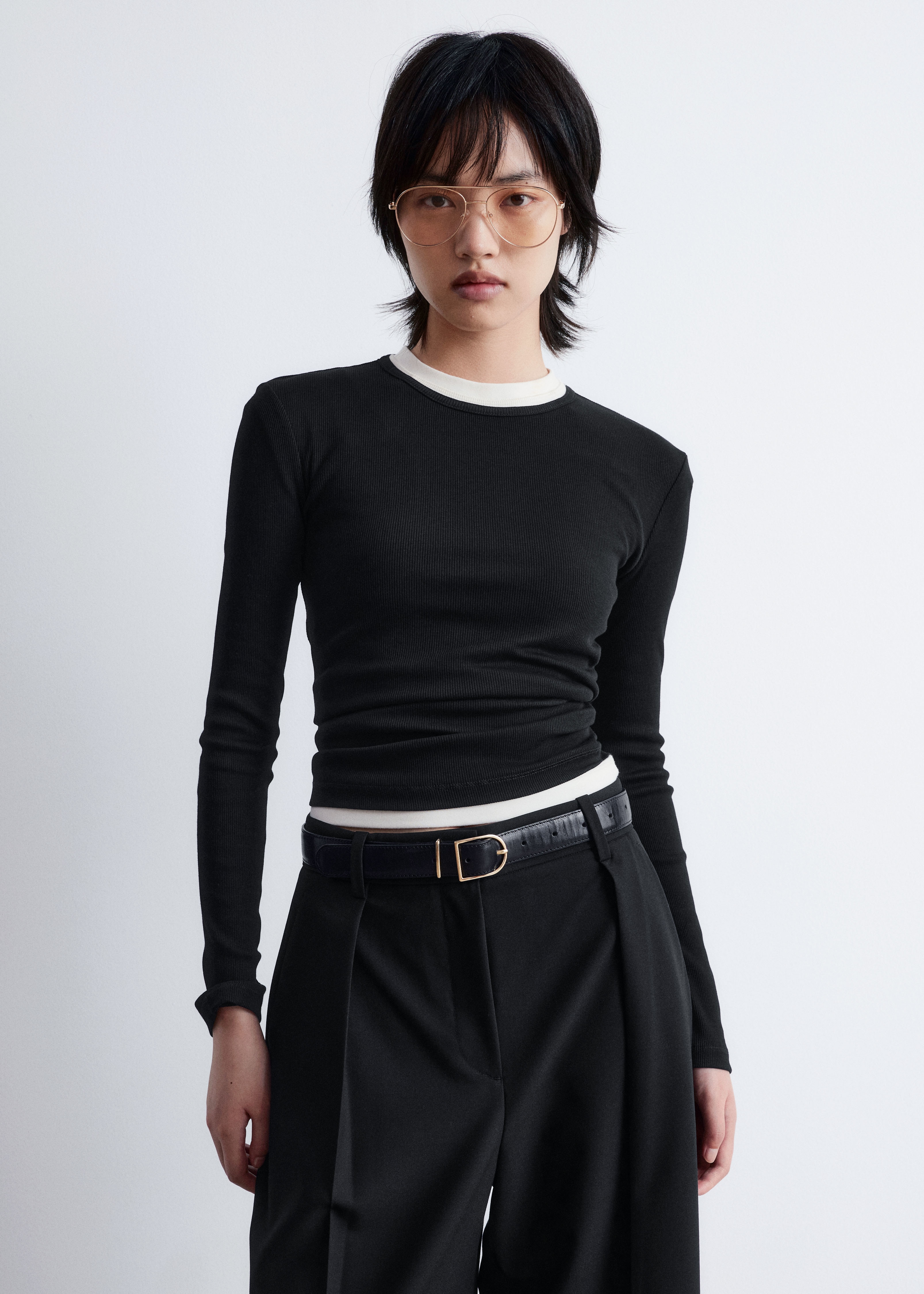 Ριμπ Μακρυμάνικο Τοπ - Black/Ανοιχτό Γκρι/Λευκό