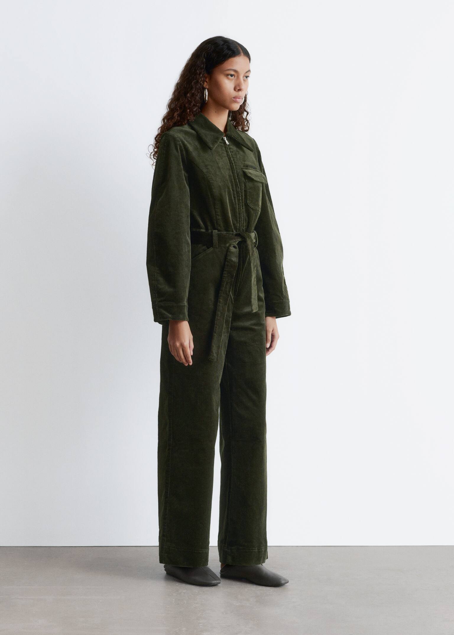 Belted Corduroy Jumpsuit - Dark Green/Burgundy - 5