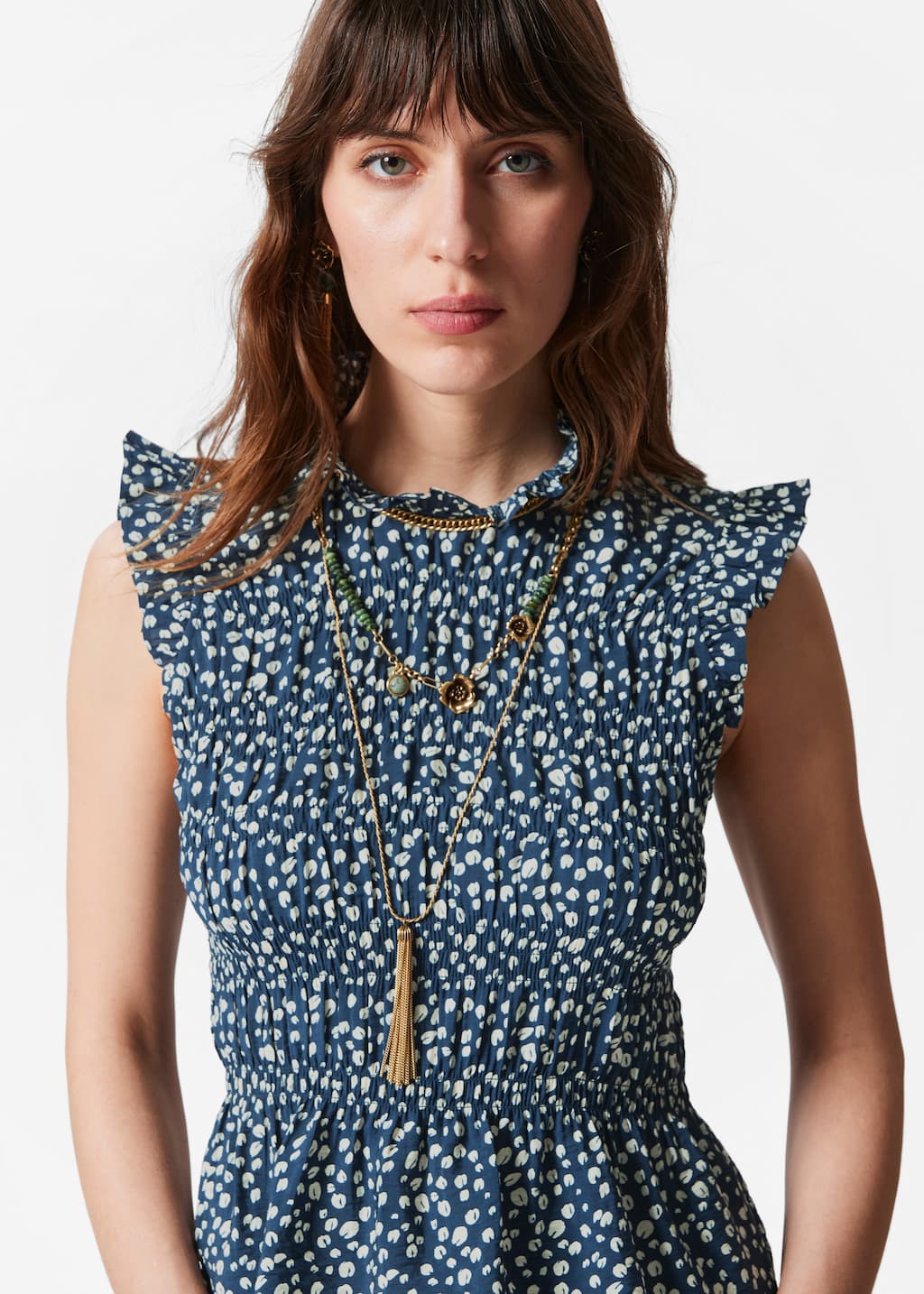 Top de volantes fruncido con nido de abeja - Estampado azul oscuro - Lookbook