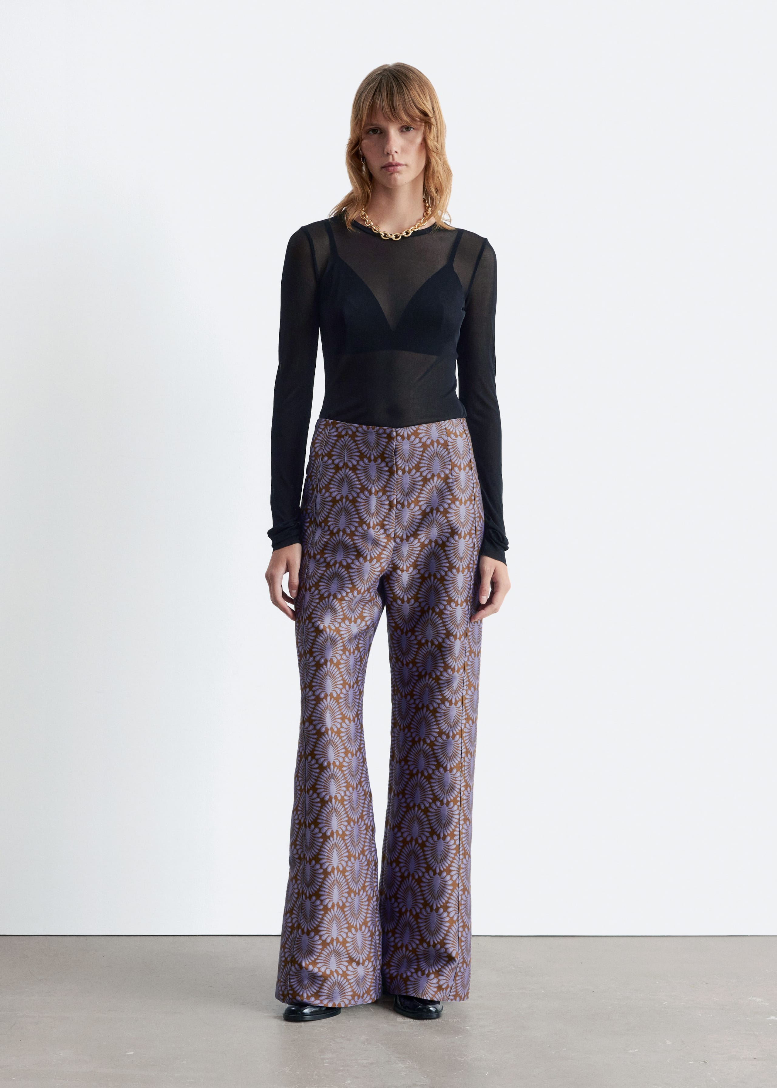 Image of Flared Satin Jacquard Trousers