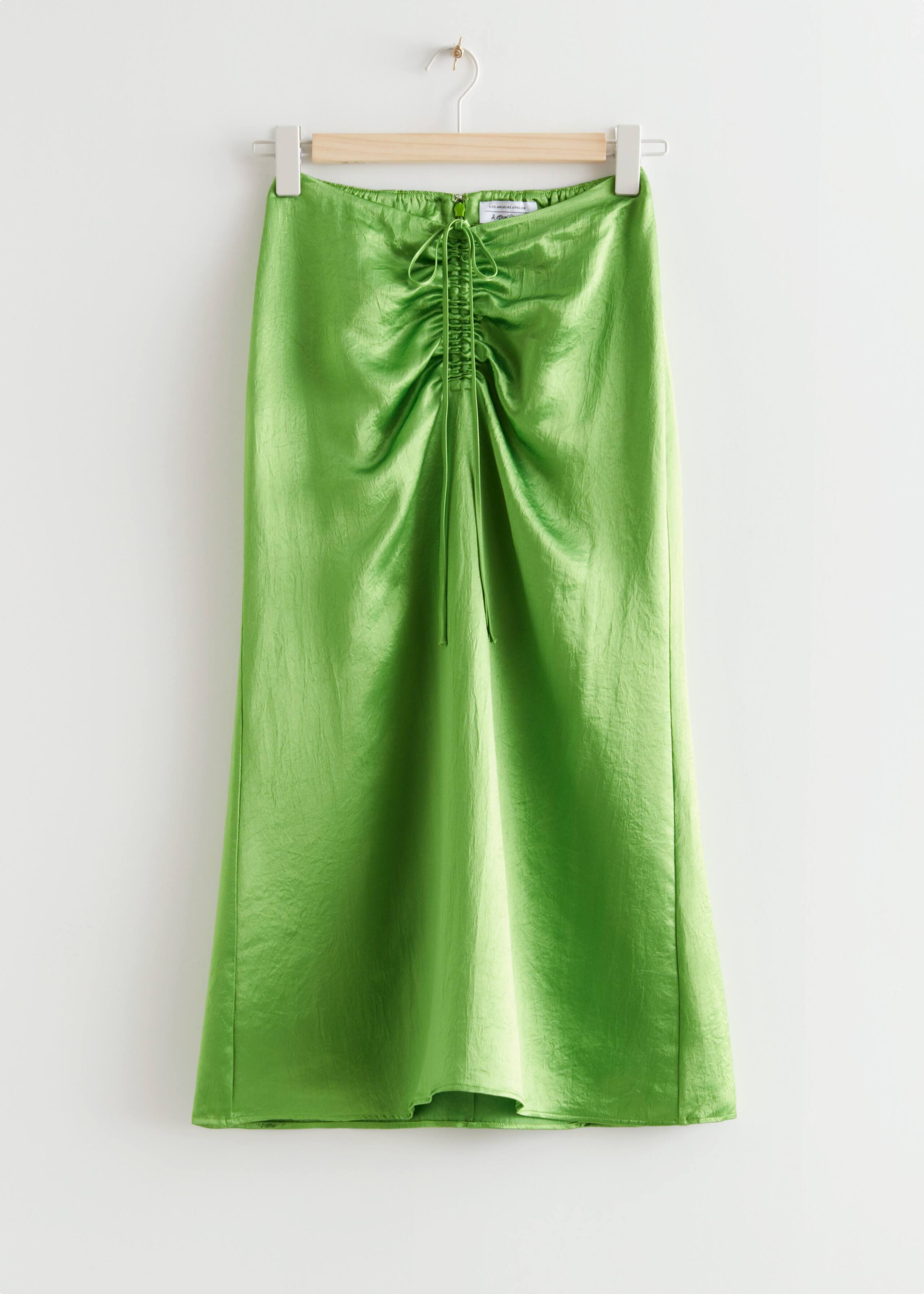 Gathered Satin Midi Skirt - Green - Bodegón