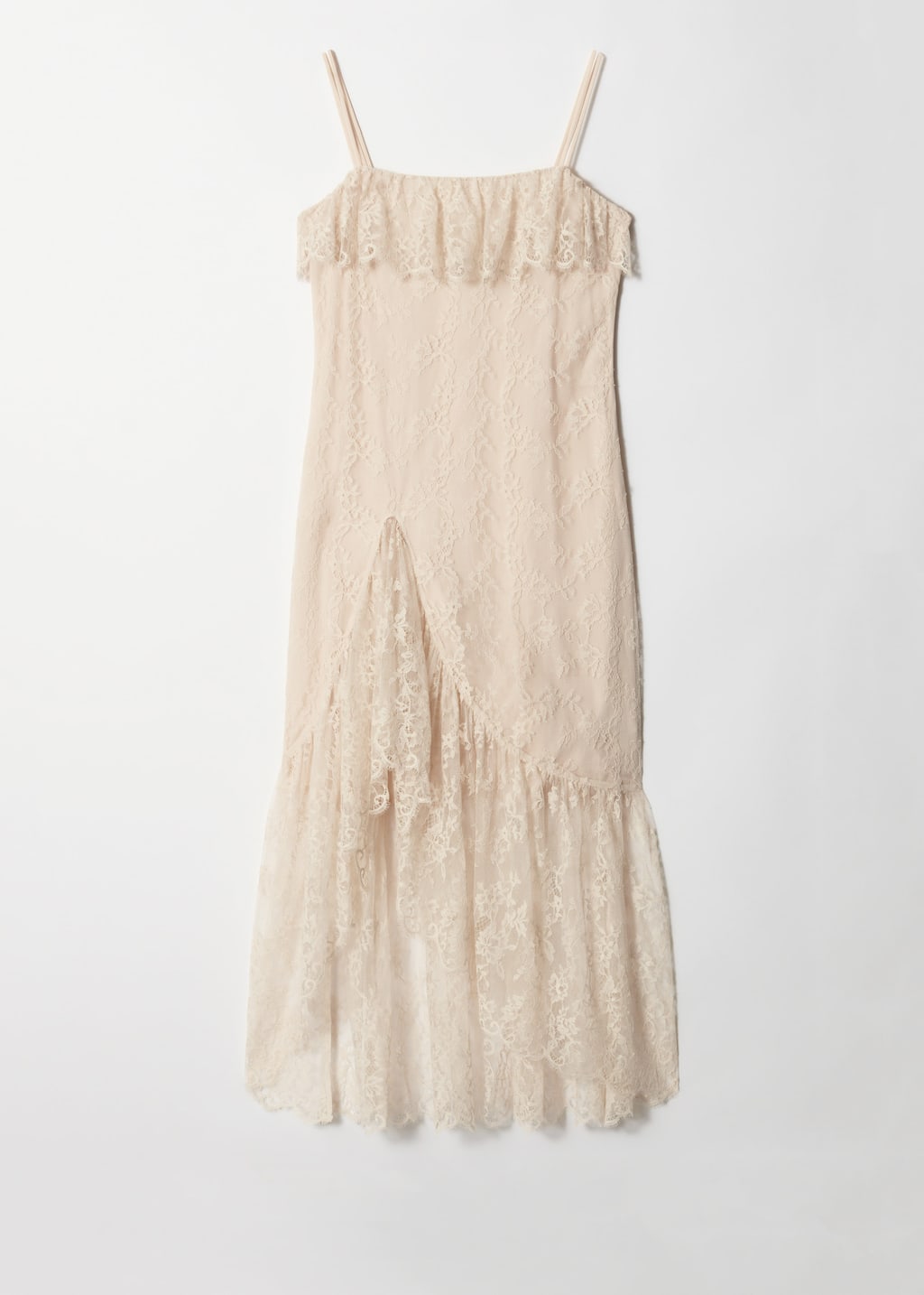 Vestido midi de encaje con volantes - Blanco - Bodegón