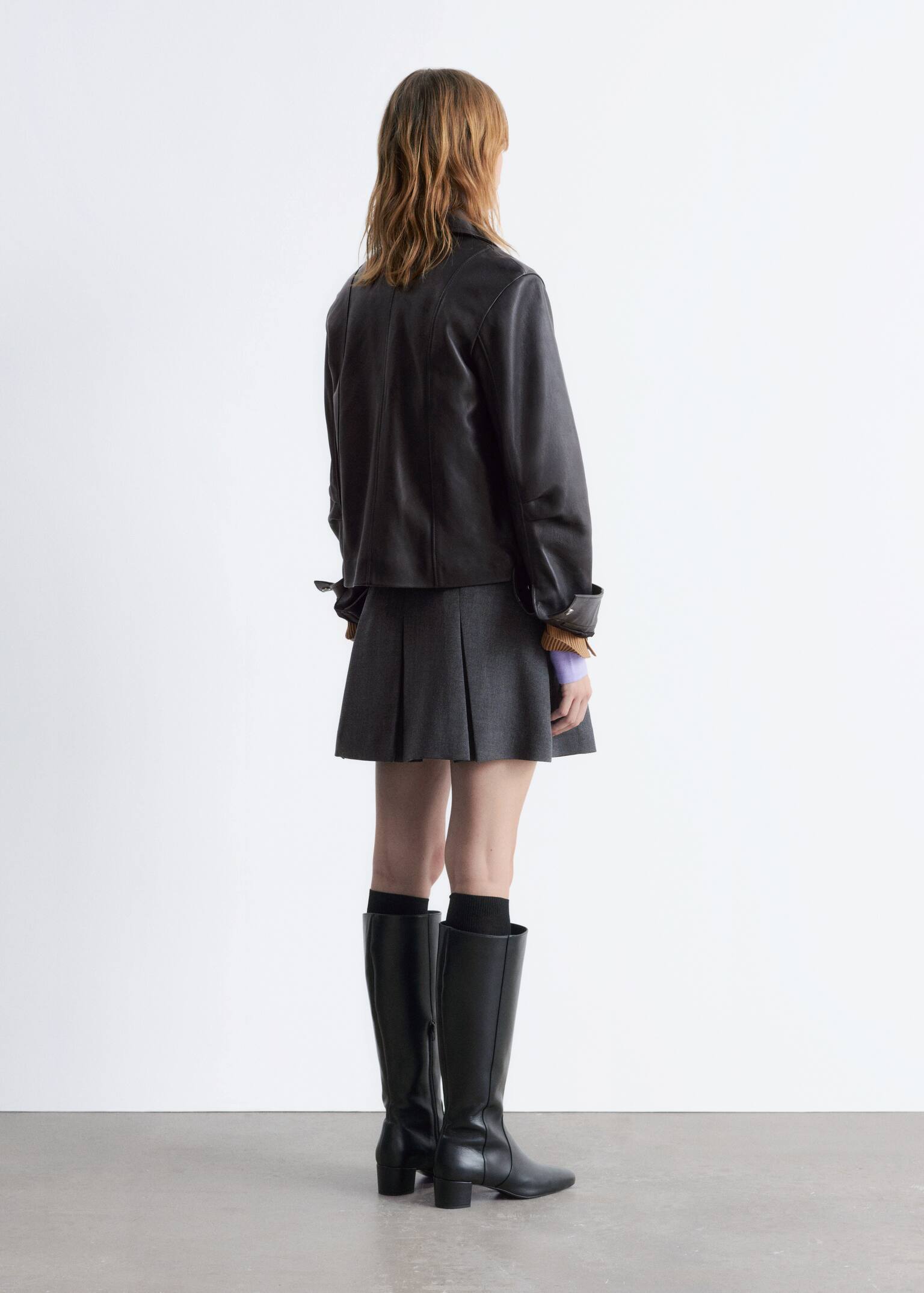 Pleated Herringbone Mini Skirt - Grey - 3