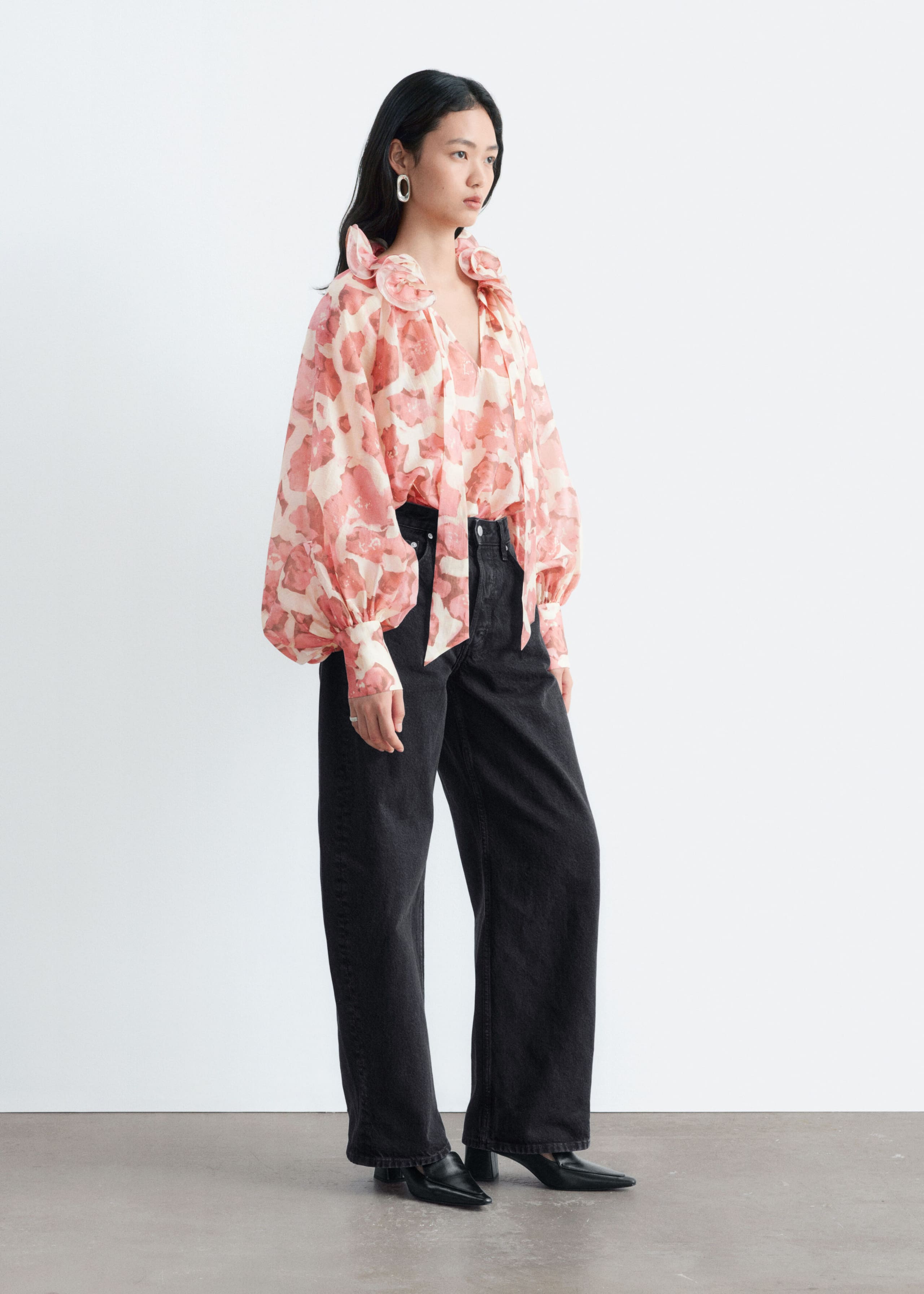 Ruffle Neck Voluminous Blouse - Pink/Florals - Lookbook