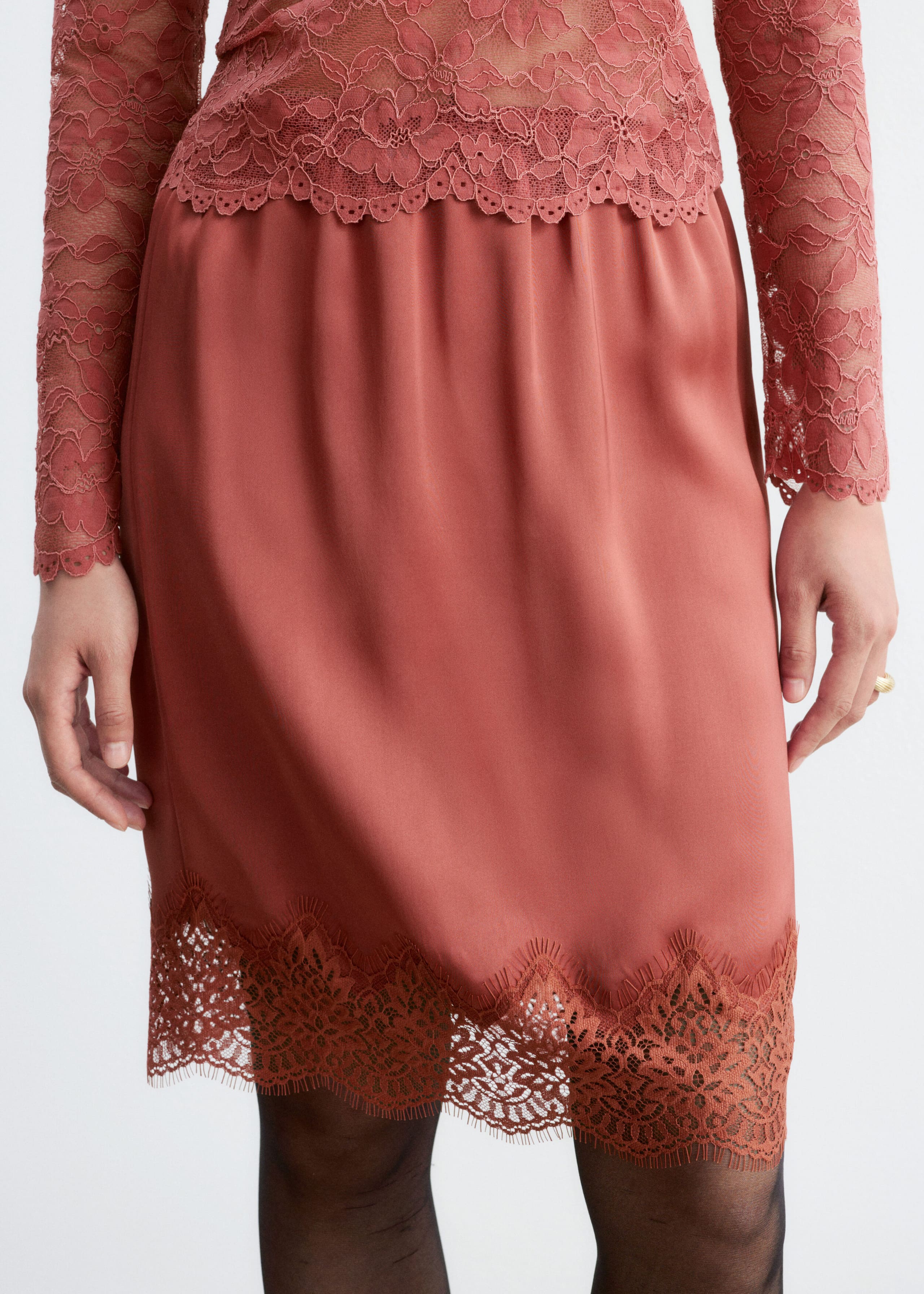 Lace-Trim Satin Skirt Red