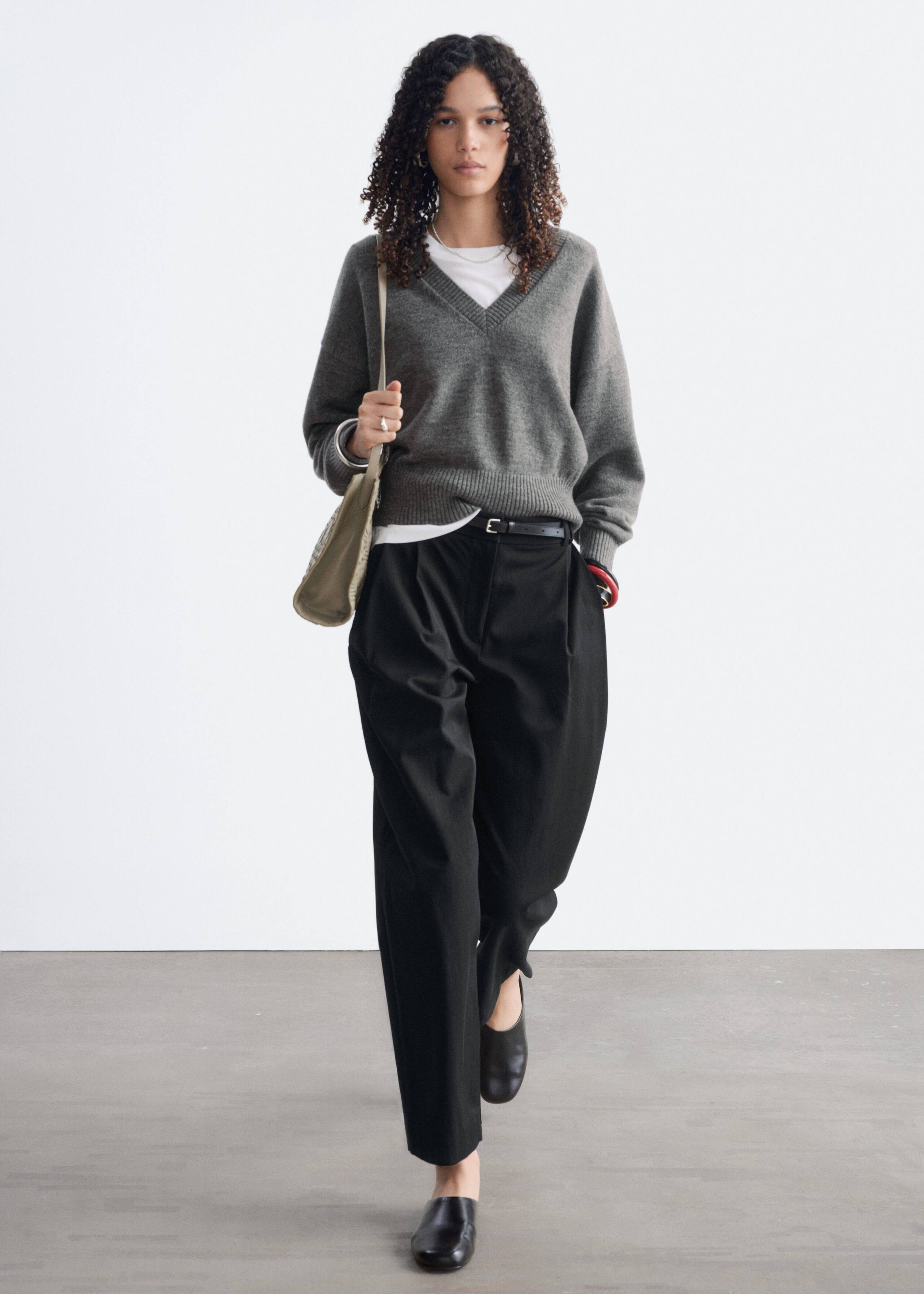 Wool-Cotton V-Neck Jumper - Grey - Lookbook