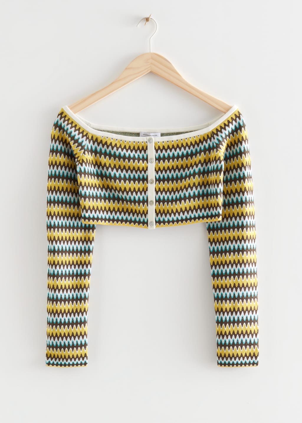 Off-Shoulder Rib Knit Cardigan - Yellow/White/Black - Still Life