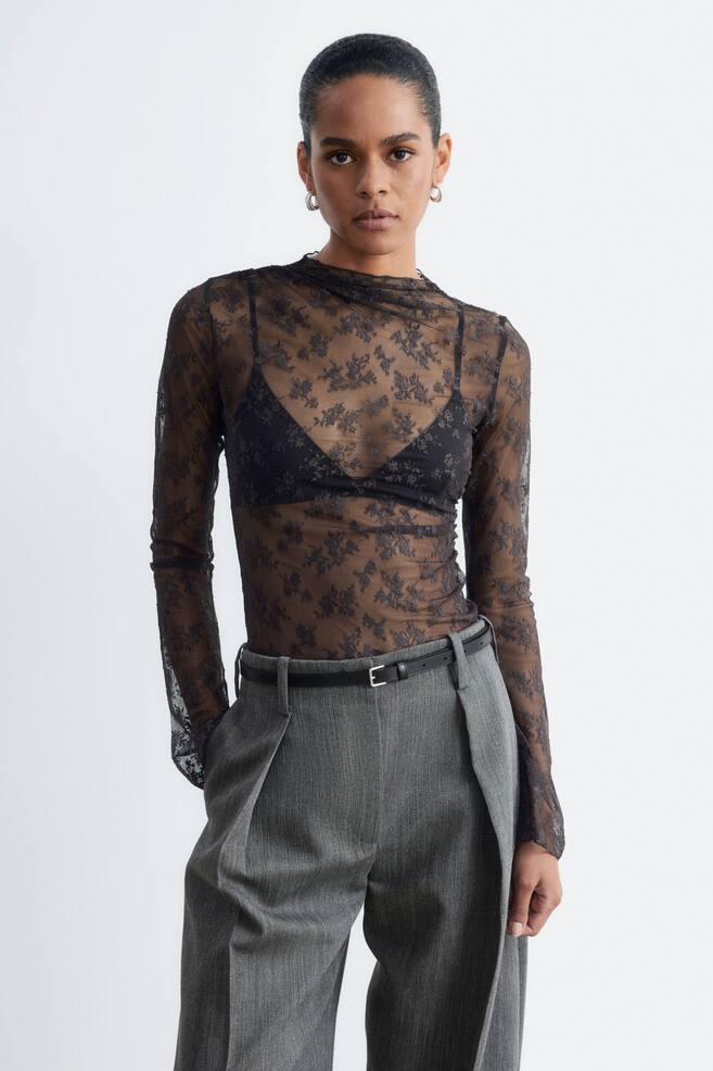 Mock-Neck Lace Top - Dark Brown/Black/Dark Red - 1