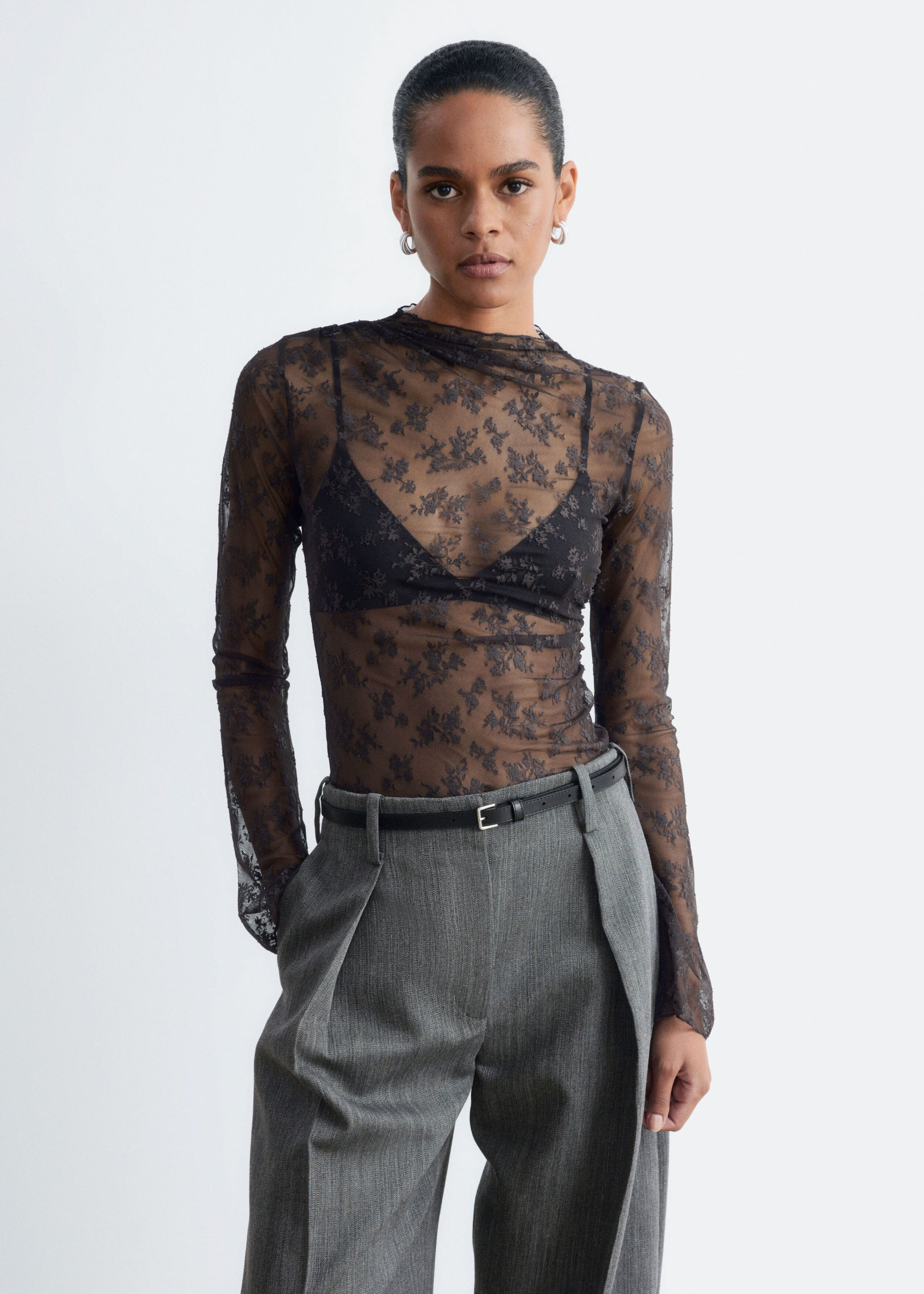 Mock-Neck Lace Top - Dark Red - Lookbook