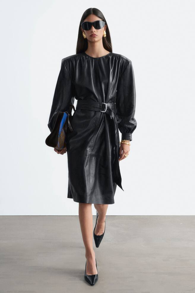 Belted Leather Dress - Black - 1