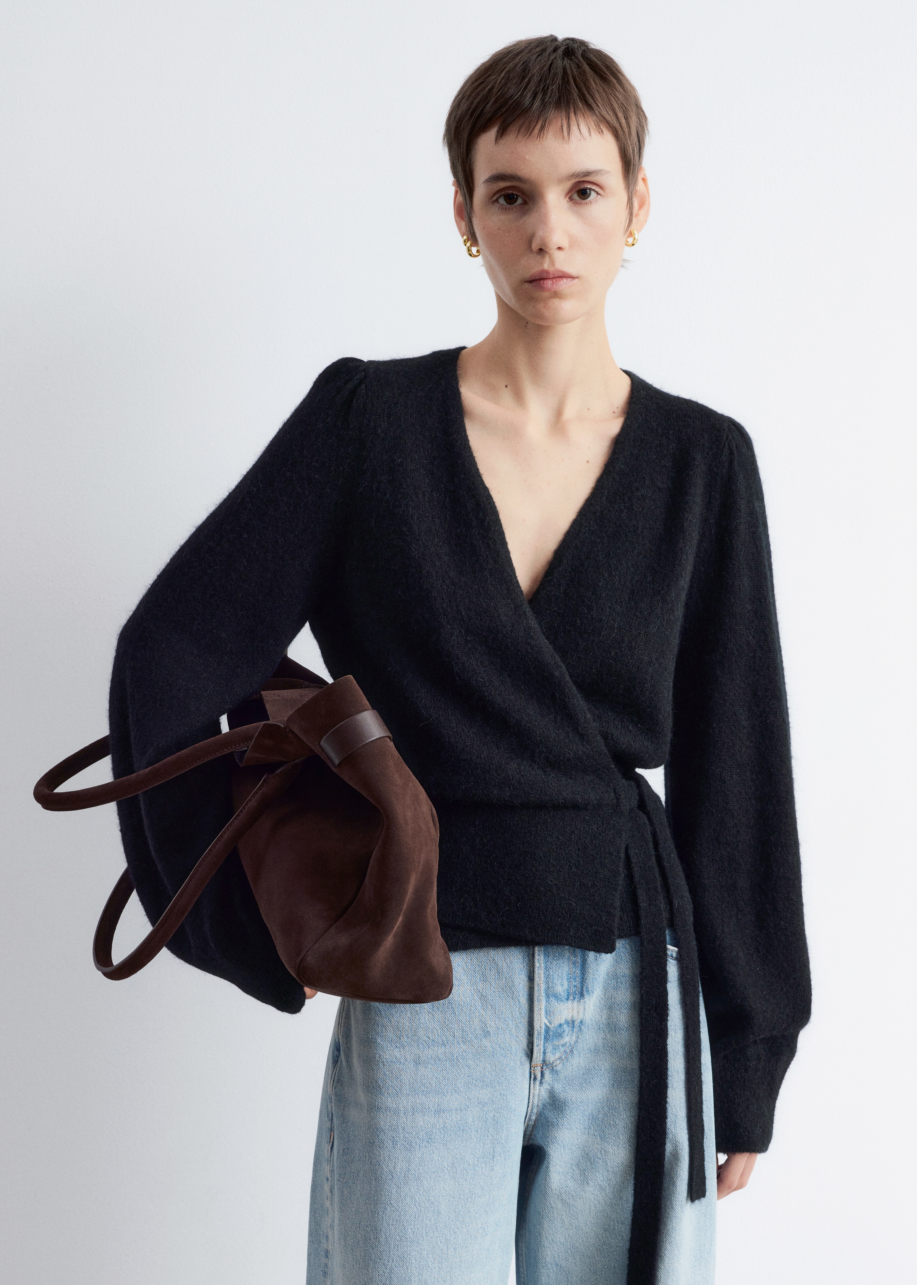 Gilet cache-cœur en mohair mélangé - Noir/Couleur crème/Bleu clair/Rose poudré/Beige/Bleu pétrole/Prune