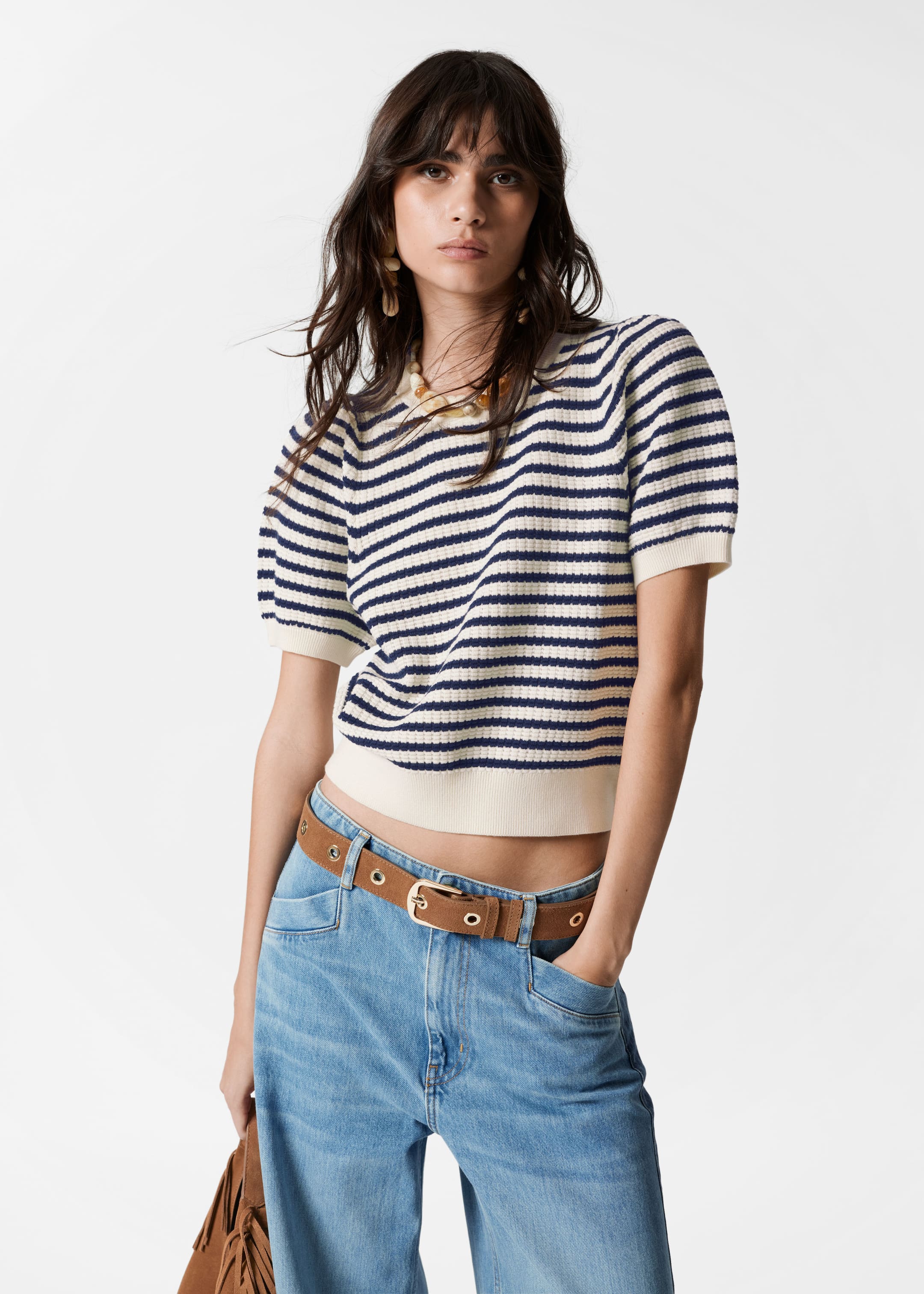 Agrandir l'image: Haut festonné en maille - Rayures bleu marine/blanches - FEMME | H&M FR 1