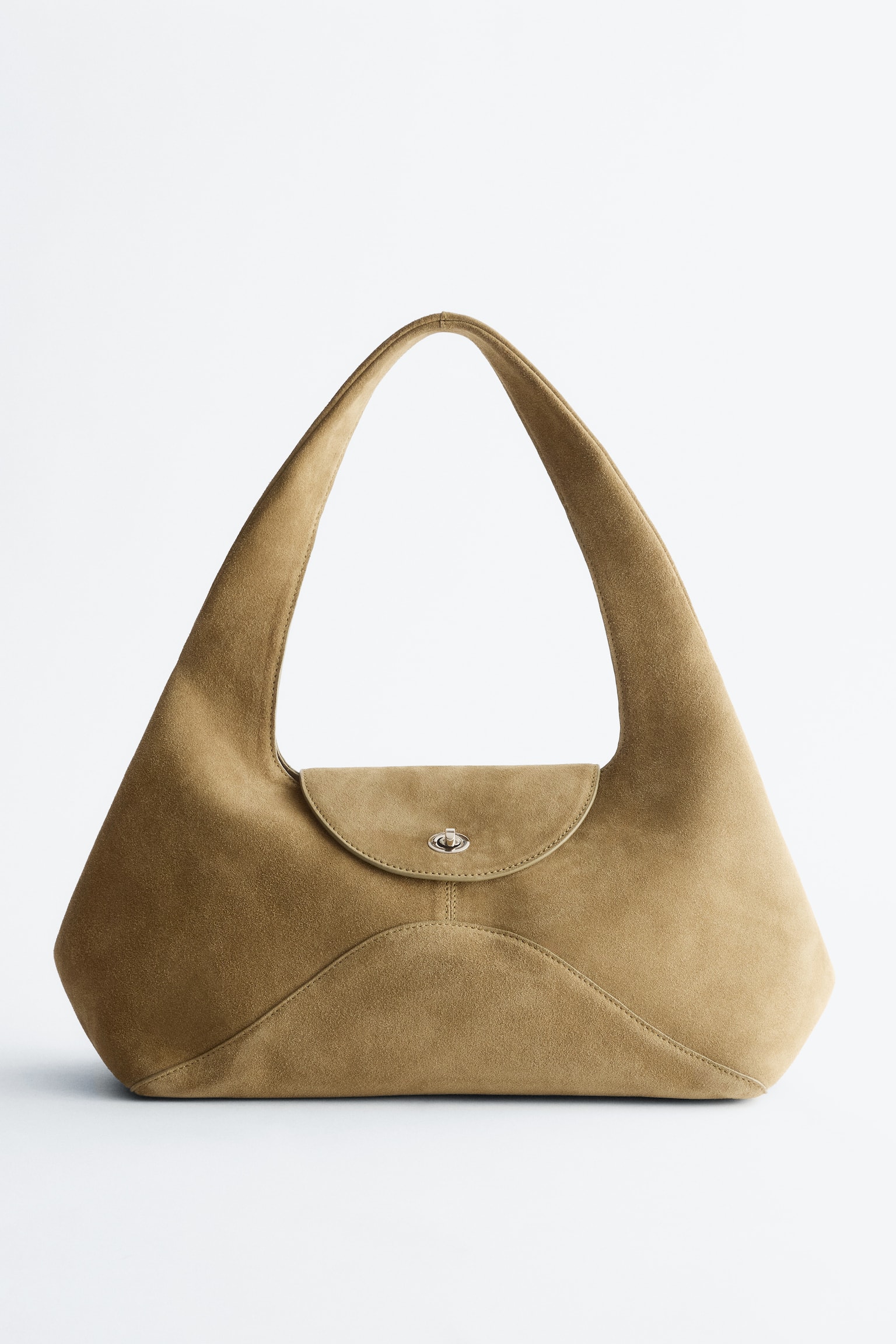 Borsa a spalla curva in pelle scamosciata - Pelle scamosciata verde kaki/Pelle marrone scuro - 2