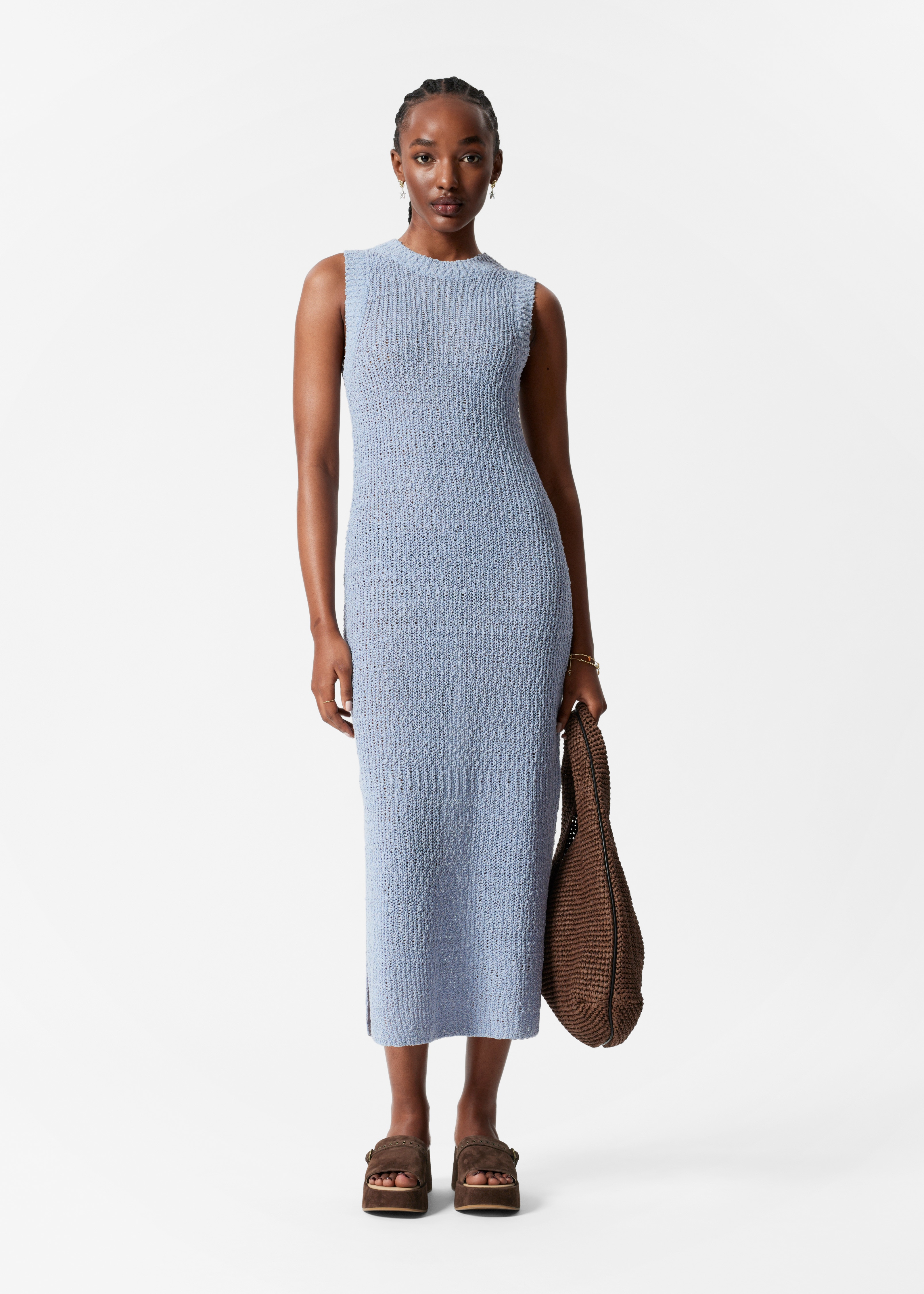 Midi šaty bez rukávů z hedvábné směsi - Zaprášená modrá/Bílá