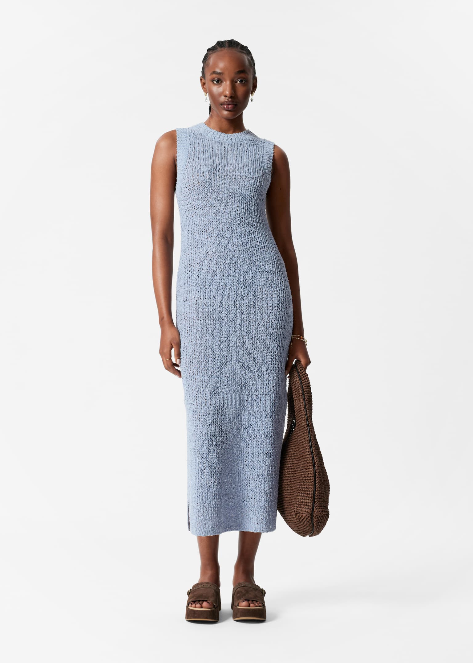 Robe midi sans manches en soie mélangée - Bleu poudré/Blanc