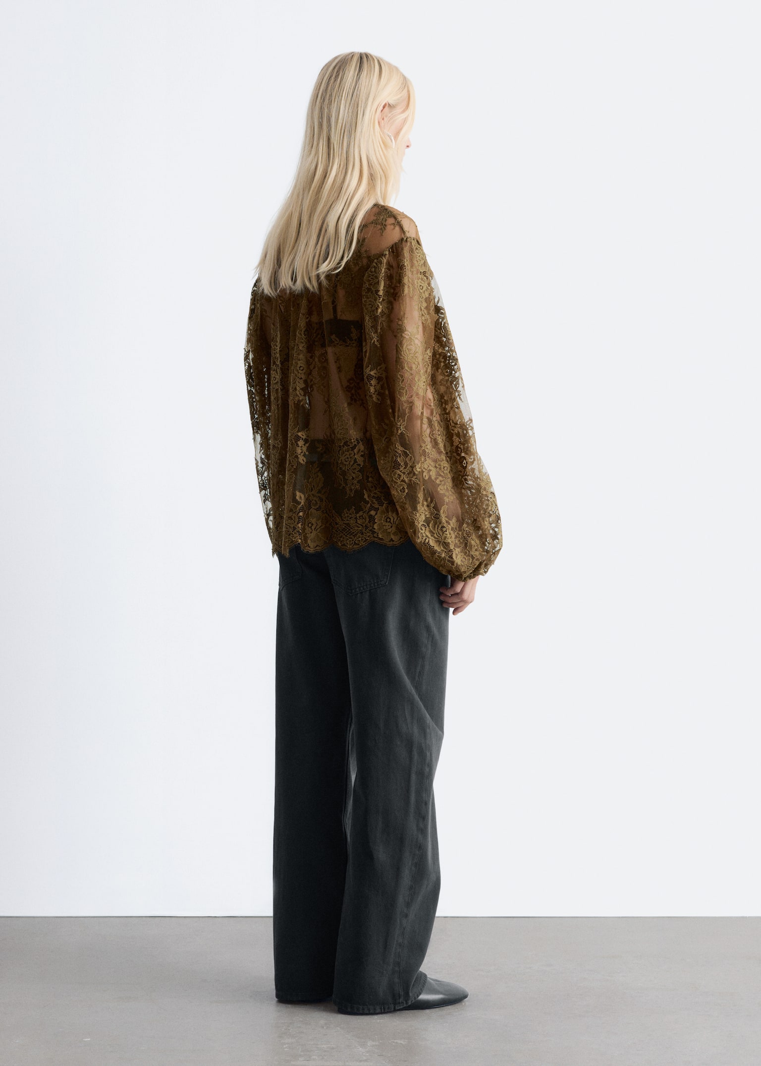 Kanten blouse met strik - Kakigroen - 5