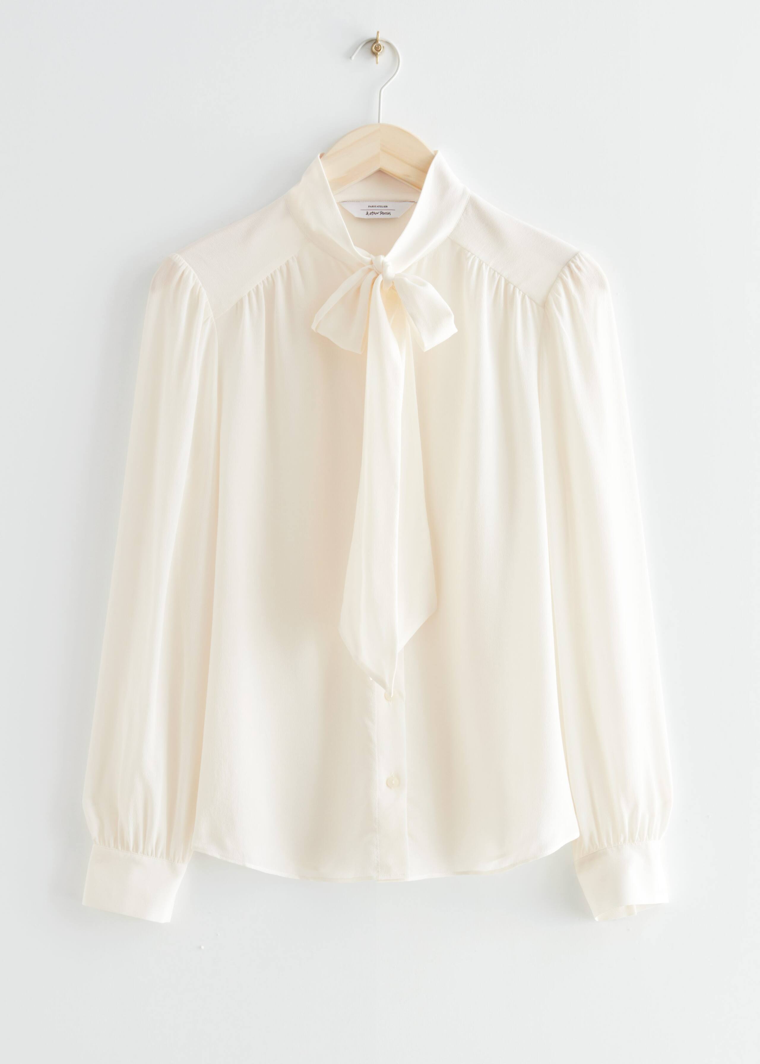 Neck Tie Silk Blouse - White - Still Life