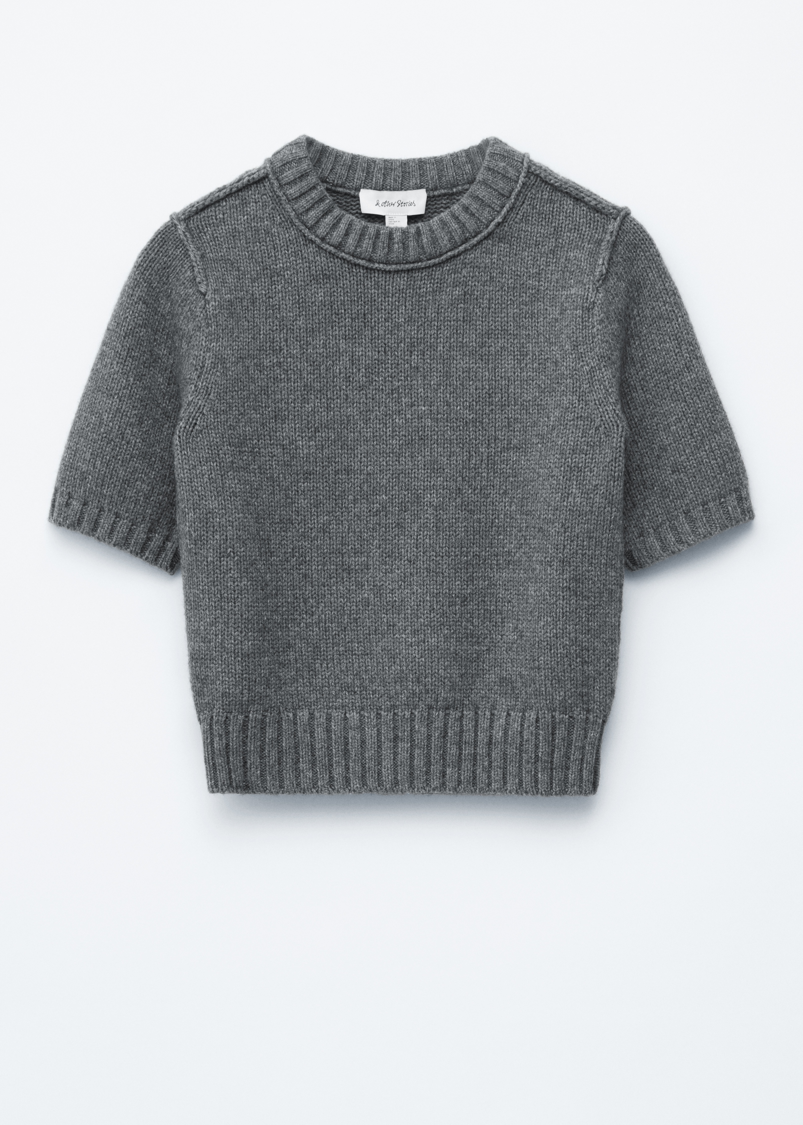 Stickad t-shirt i ullblandning - Mörkgrå/melerad/Vit