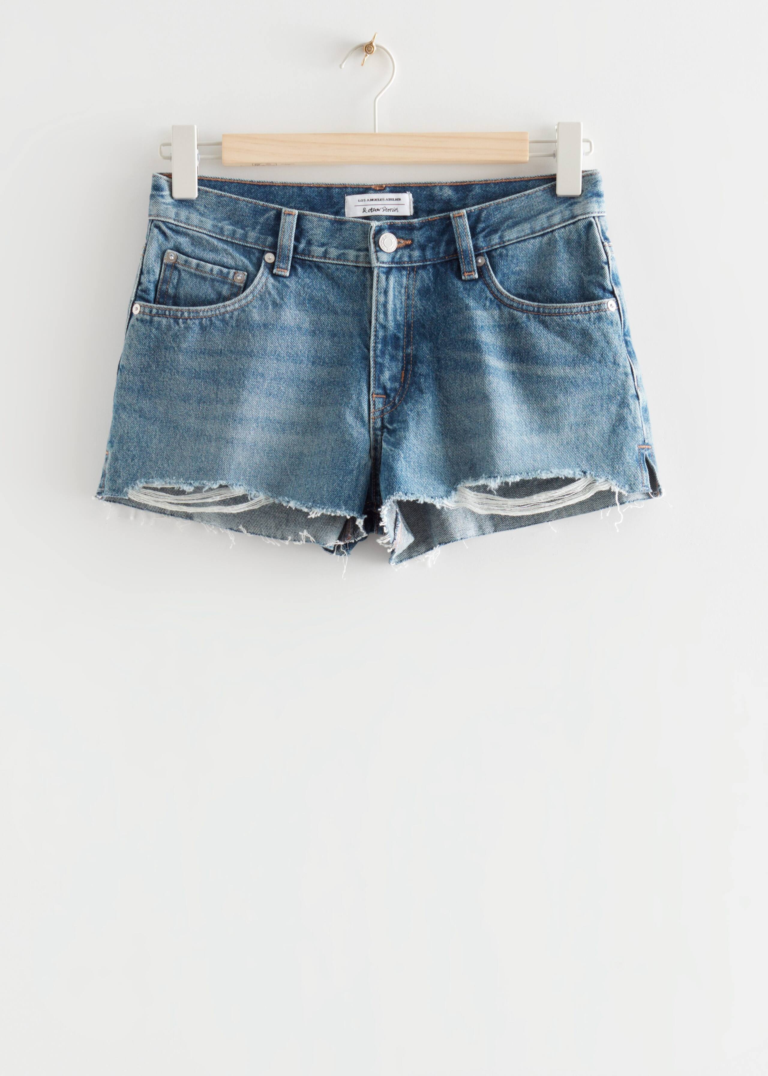 Frayed Low Waist Denim Shorts - Blue - Still Life