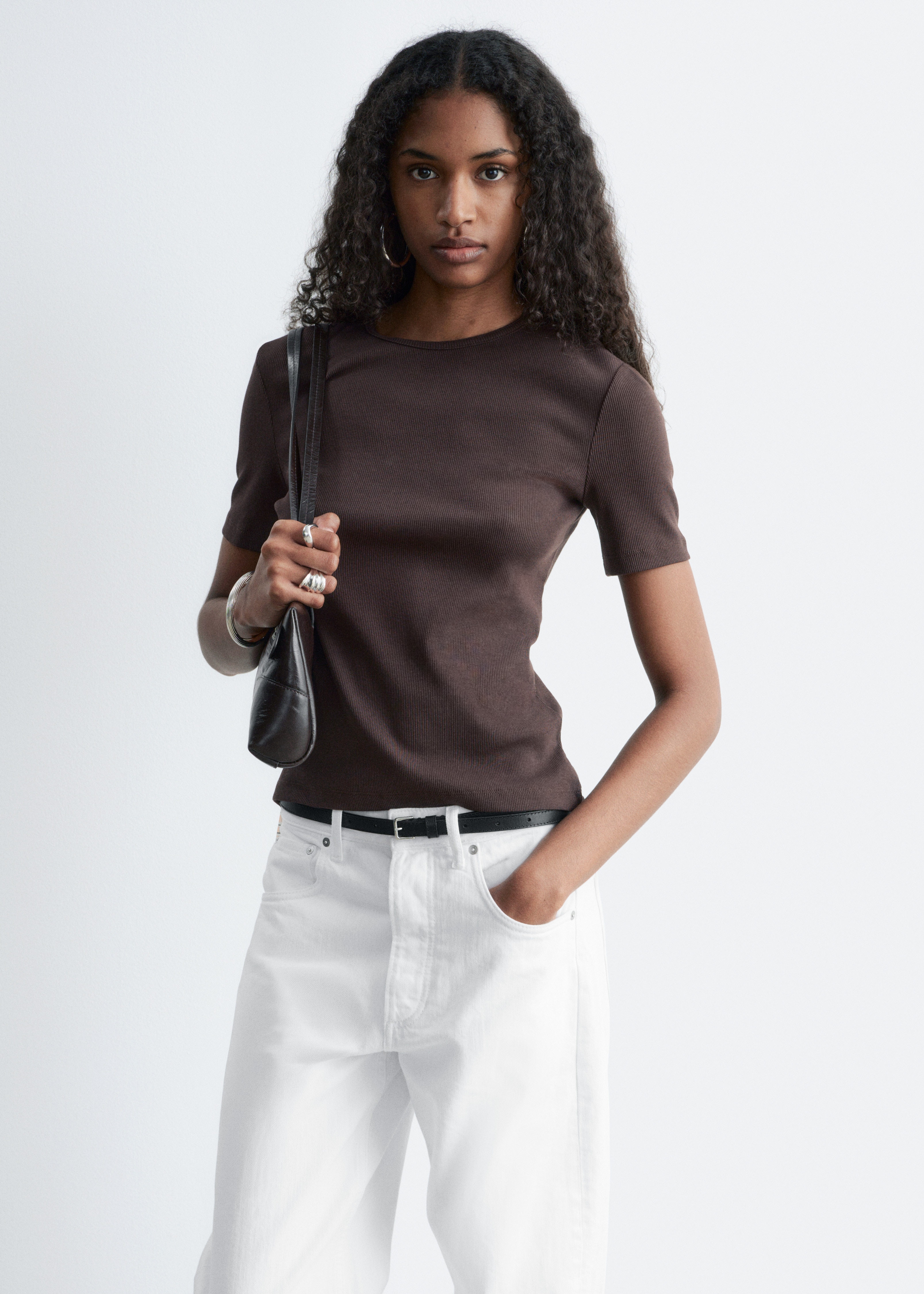 Camiseta de canalé - Marrón oscuro/Gris jaspeado/Negro/Rojo oscuro/Amarillo claro/Marrón/Rayas/Blanco
