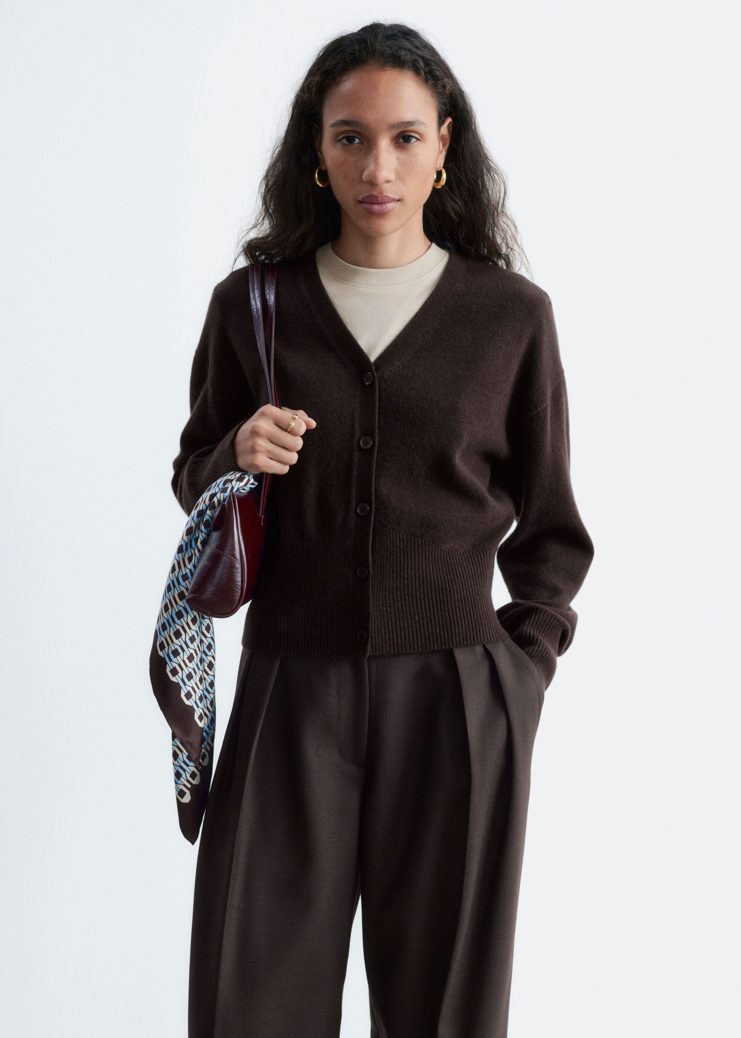 Wool Corset Rib Cardigan - Dark Brown - Lookbook