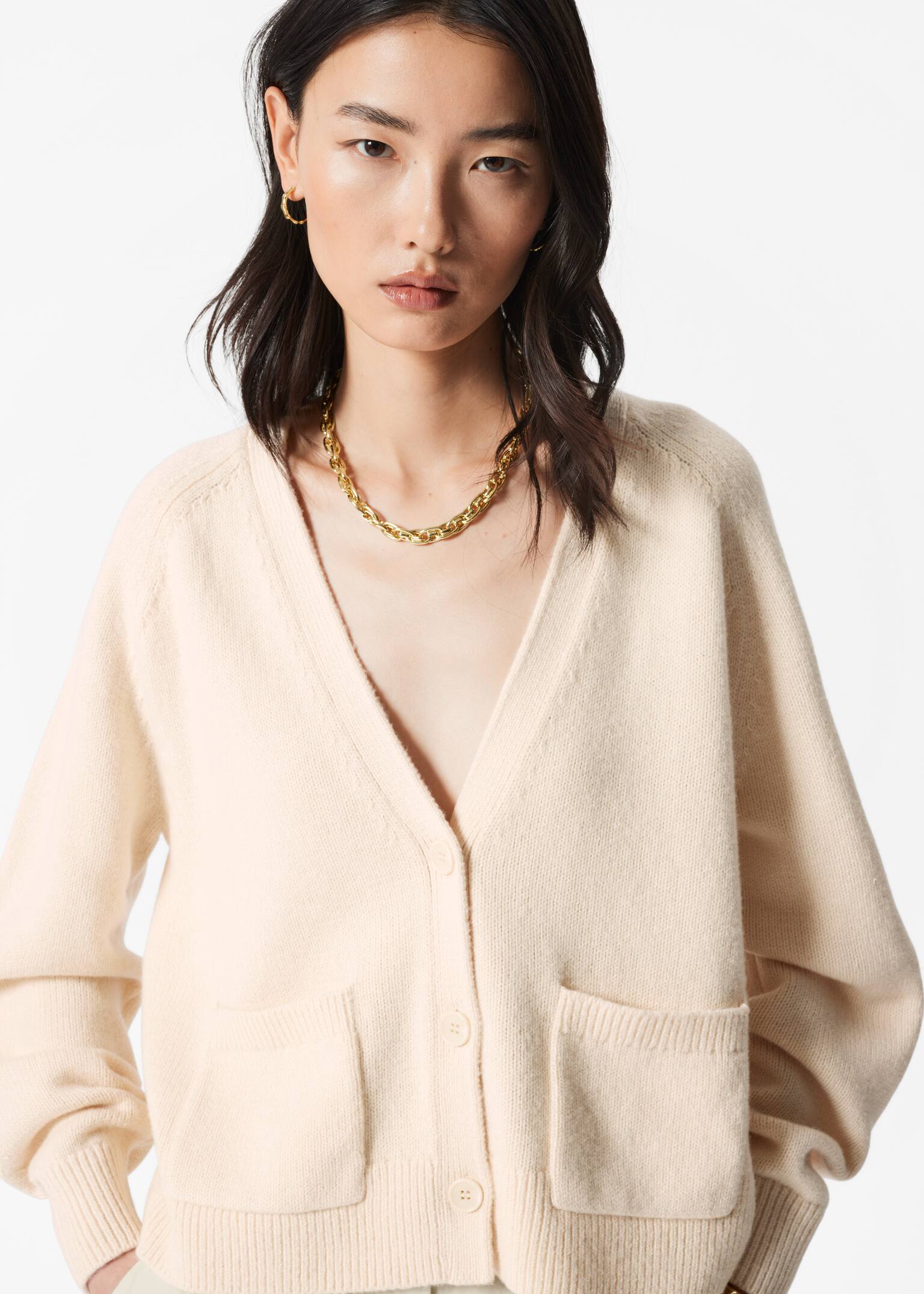 Cárdigan con bolsillo de parche - Crema/Gris - 3