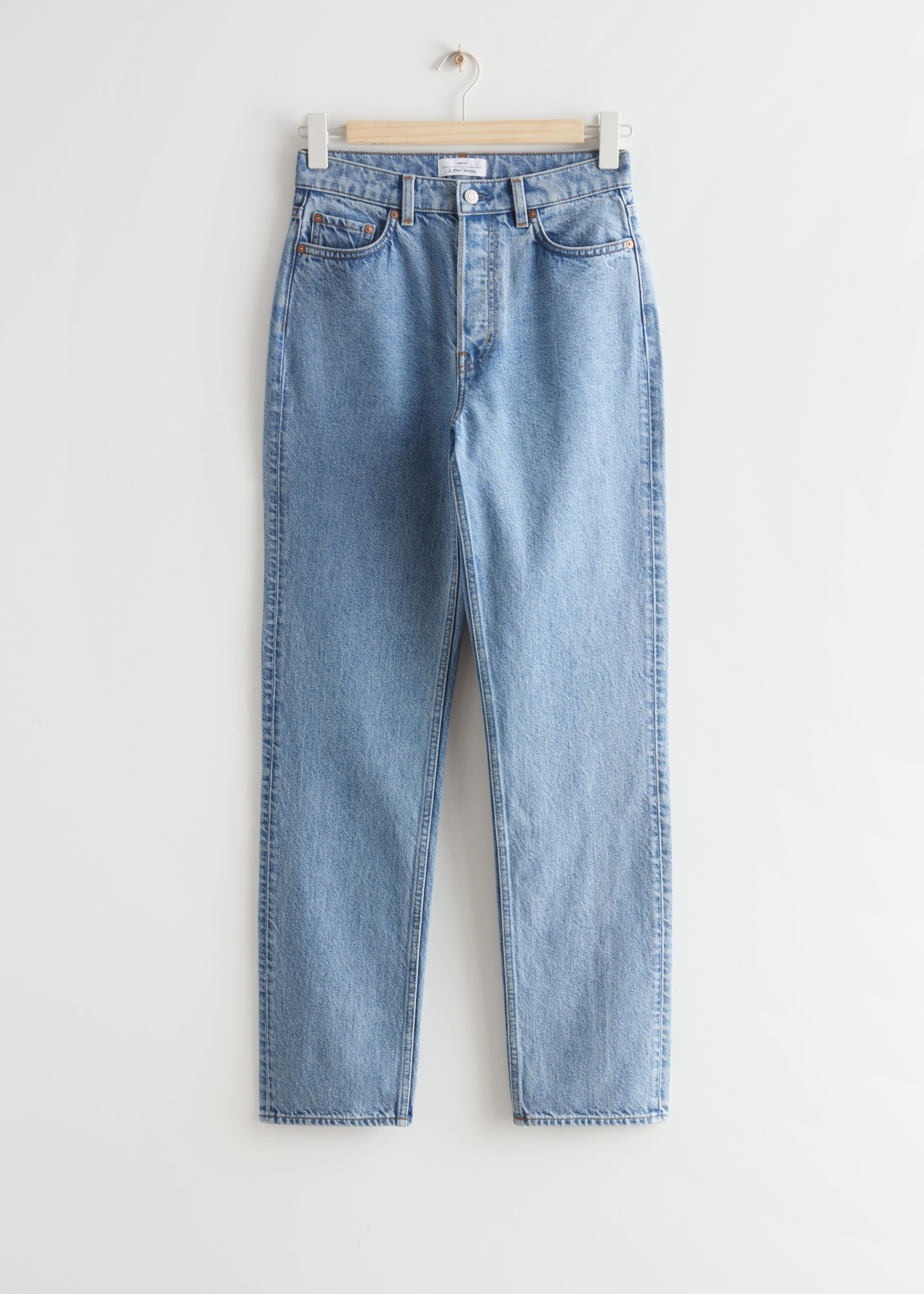 Mid Waist Tapered Jeans - Distressed Blue - Natura morta