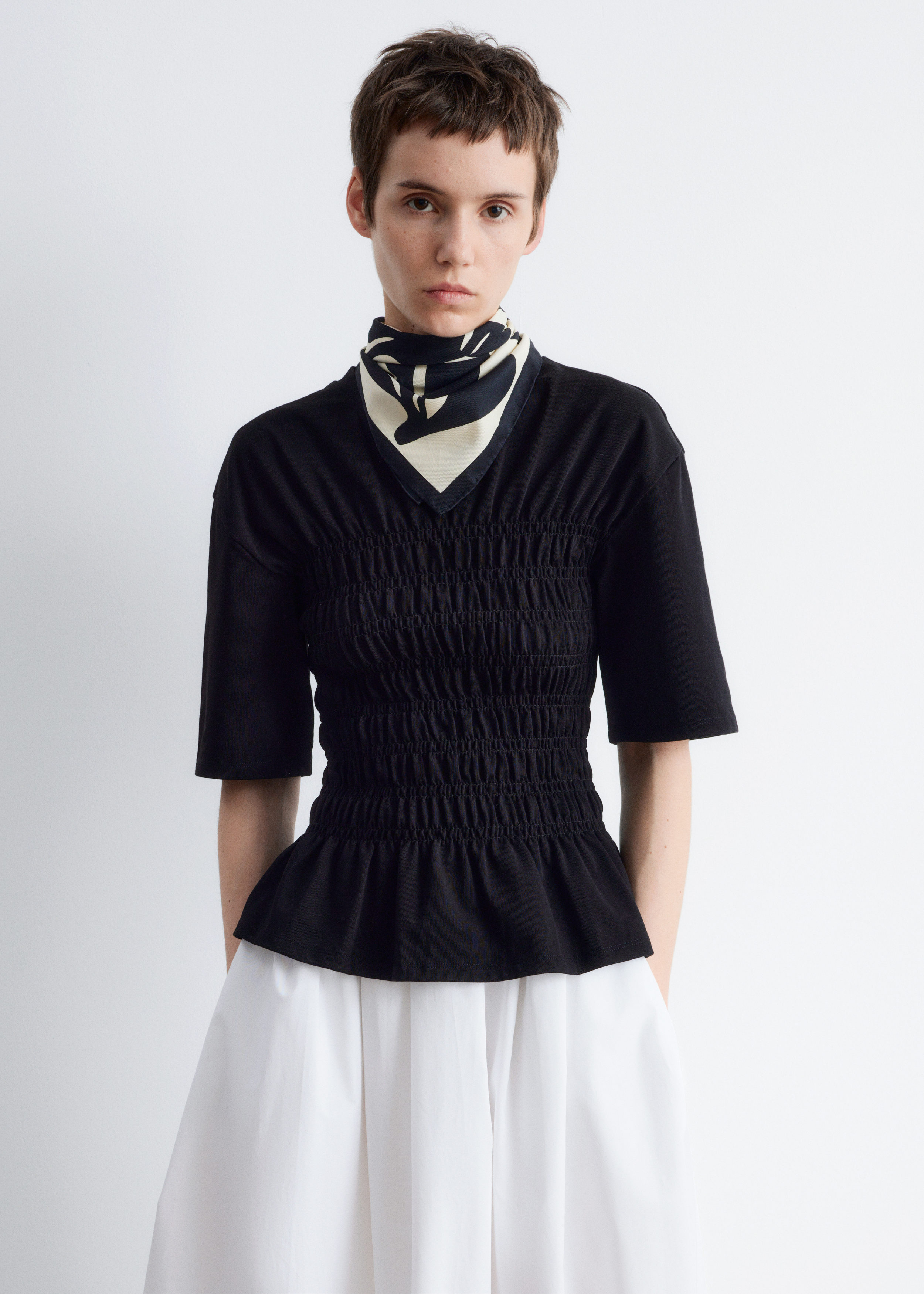 Smocked Crewneck Top - Black - Lookbook