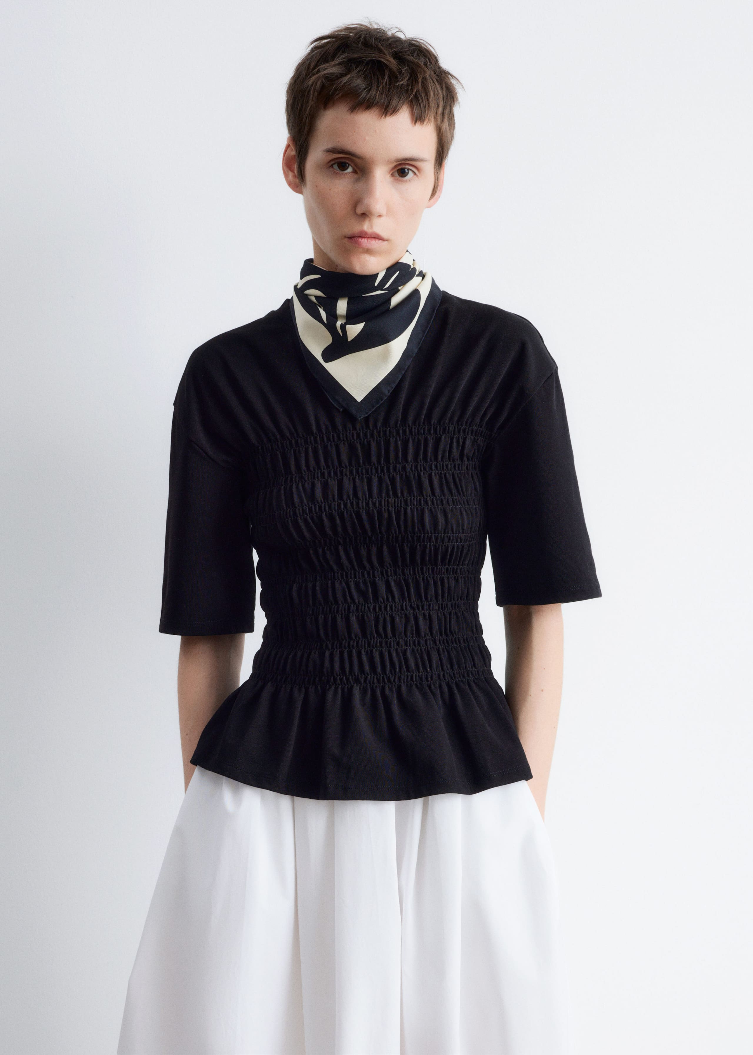 Smocked Crewneck Top - White - Lookbook