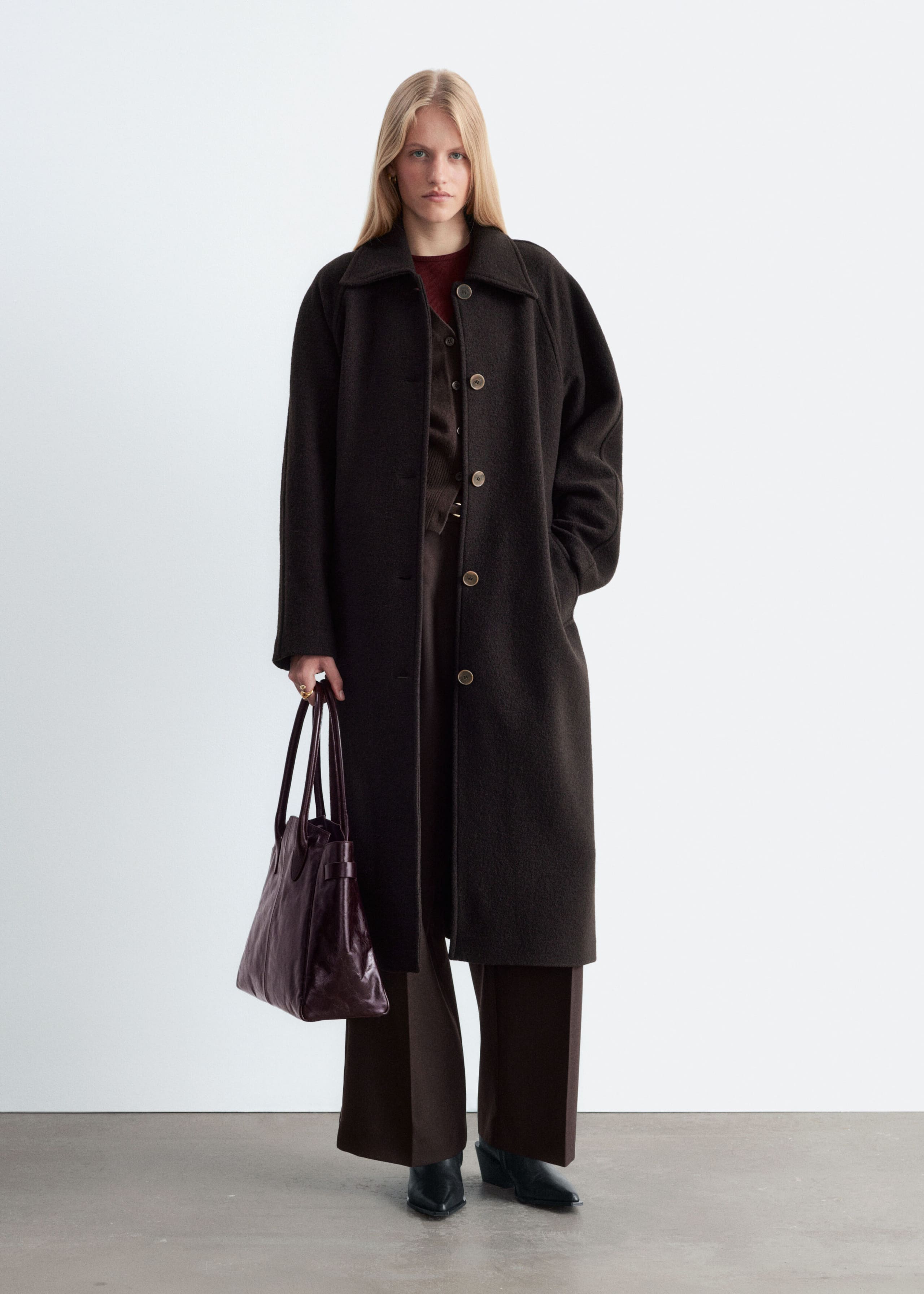 Bouclé Wool Car Coat - Dark Brown - Lookbook