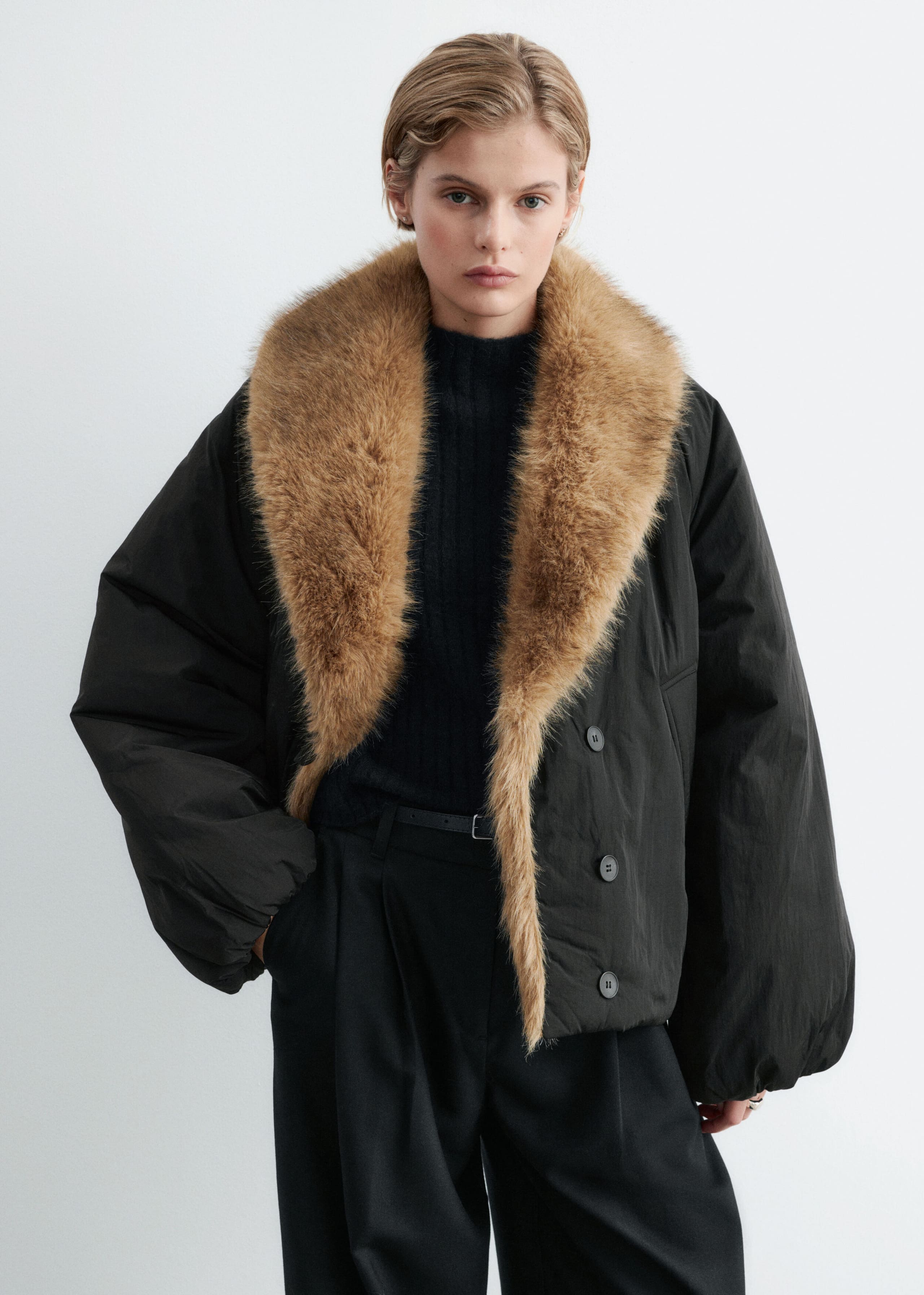 Faux Fur Collar Jacket - Black - Lookbook