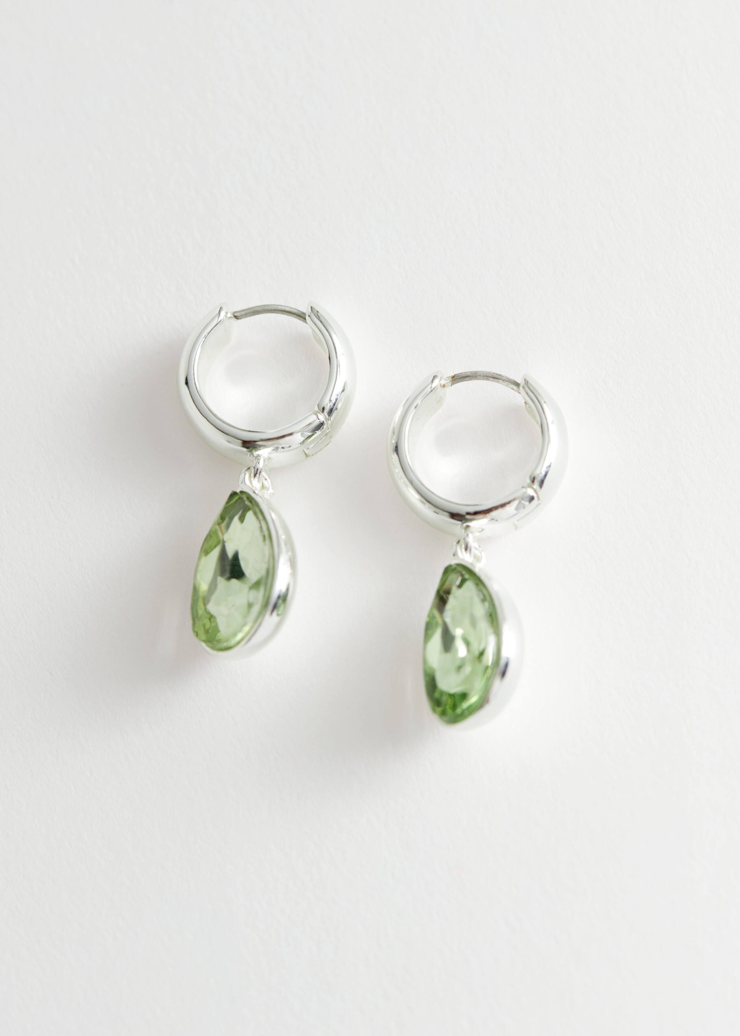 Glass Stone Pendant Hoop Earrings - Green - Still Life
