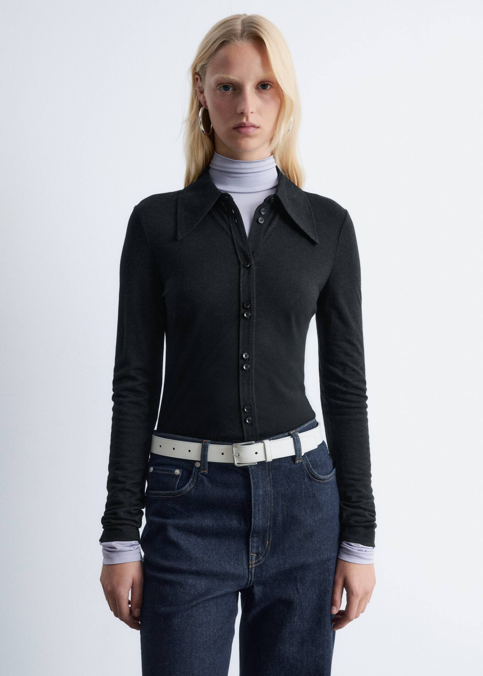 Pointed-Collar Jersey Shirt - Black/Medium Brown