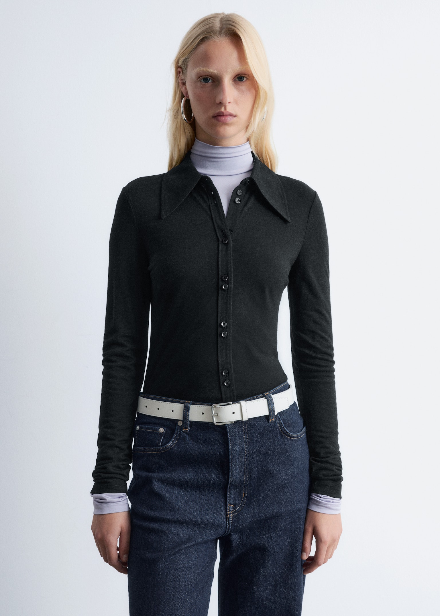 Pointed-Collar Jersey Shirt - Black/Medium Brown